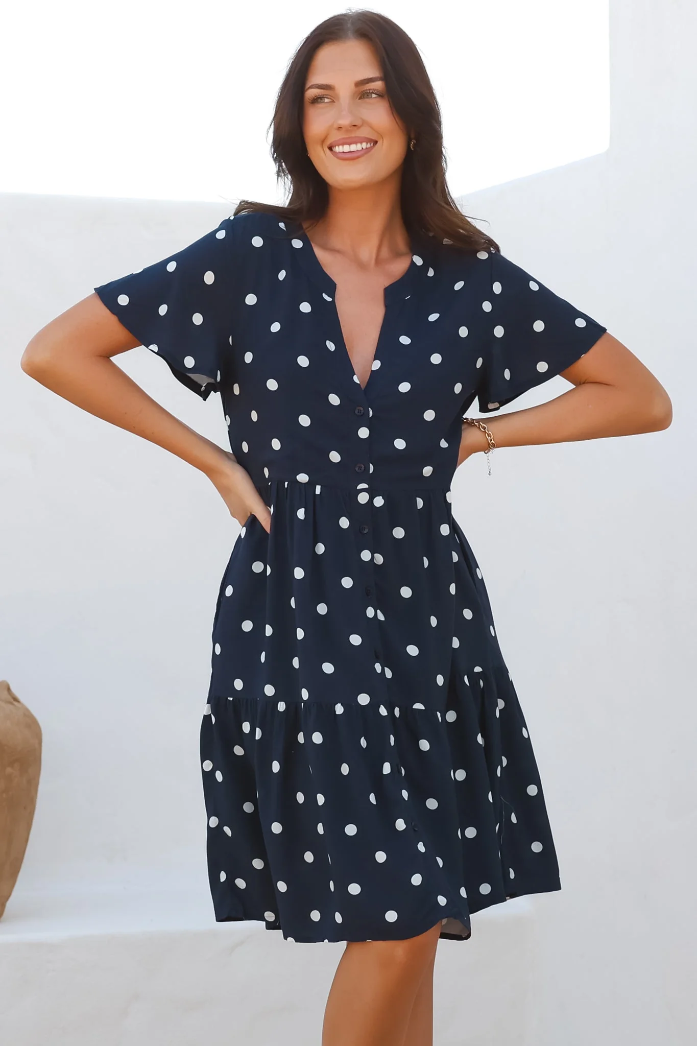 Wilma Mini Dress - Bermuda Collar Button Down Dress with Cap Sleeves in Parisian Polka Navy - Image 4