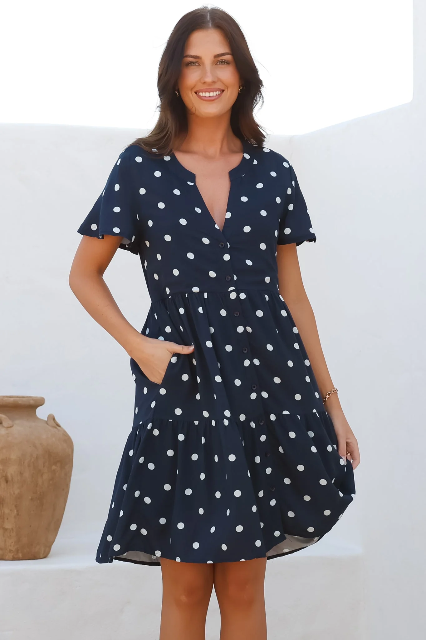 Wilma Mini Dress - Bermuda Collar Button Down Dress with Cap Sleeves in Parisian Polka Navy - Image 5