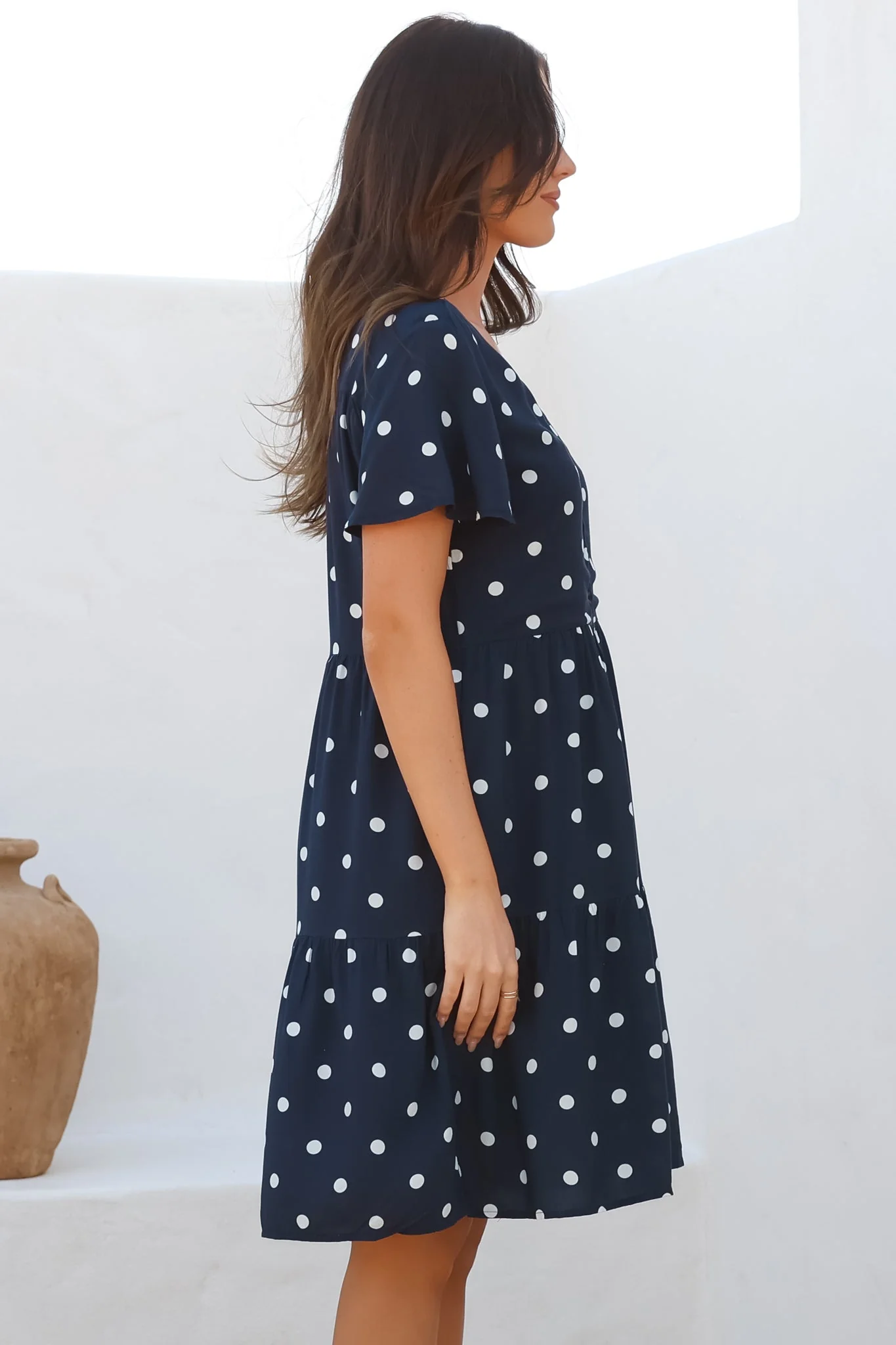 Wilma Mini Dress - Bermuda Collar Button Down Dress with Cap Sleeves in Parisian Polka Navy - Image 6