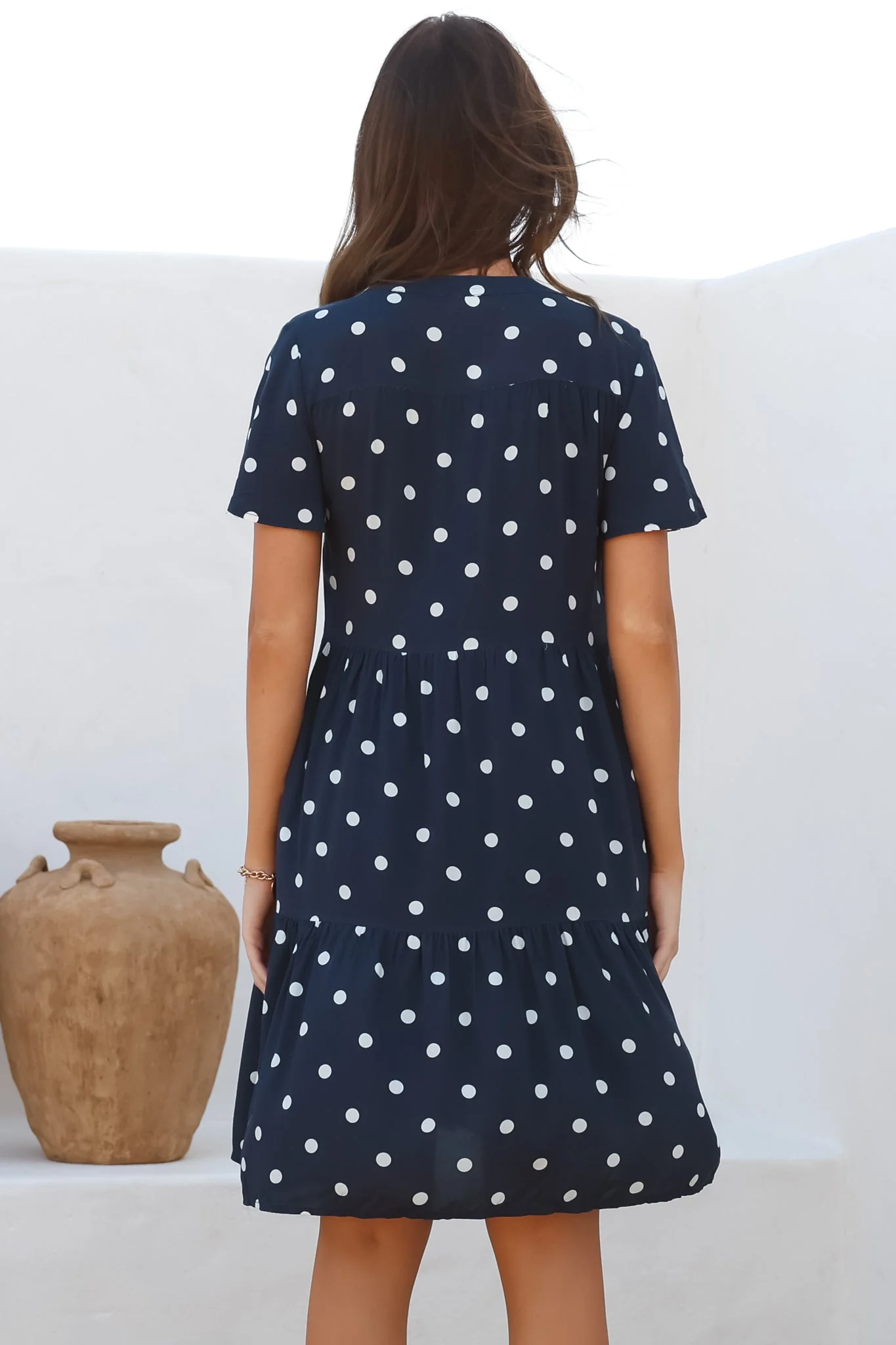 Wilma Mini Dress - Bermuda Collar Button Down Dress with Cap Sleeves in Parisian Polka Navy - Image 7