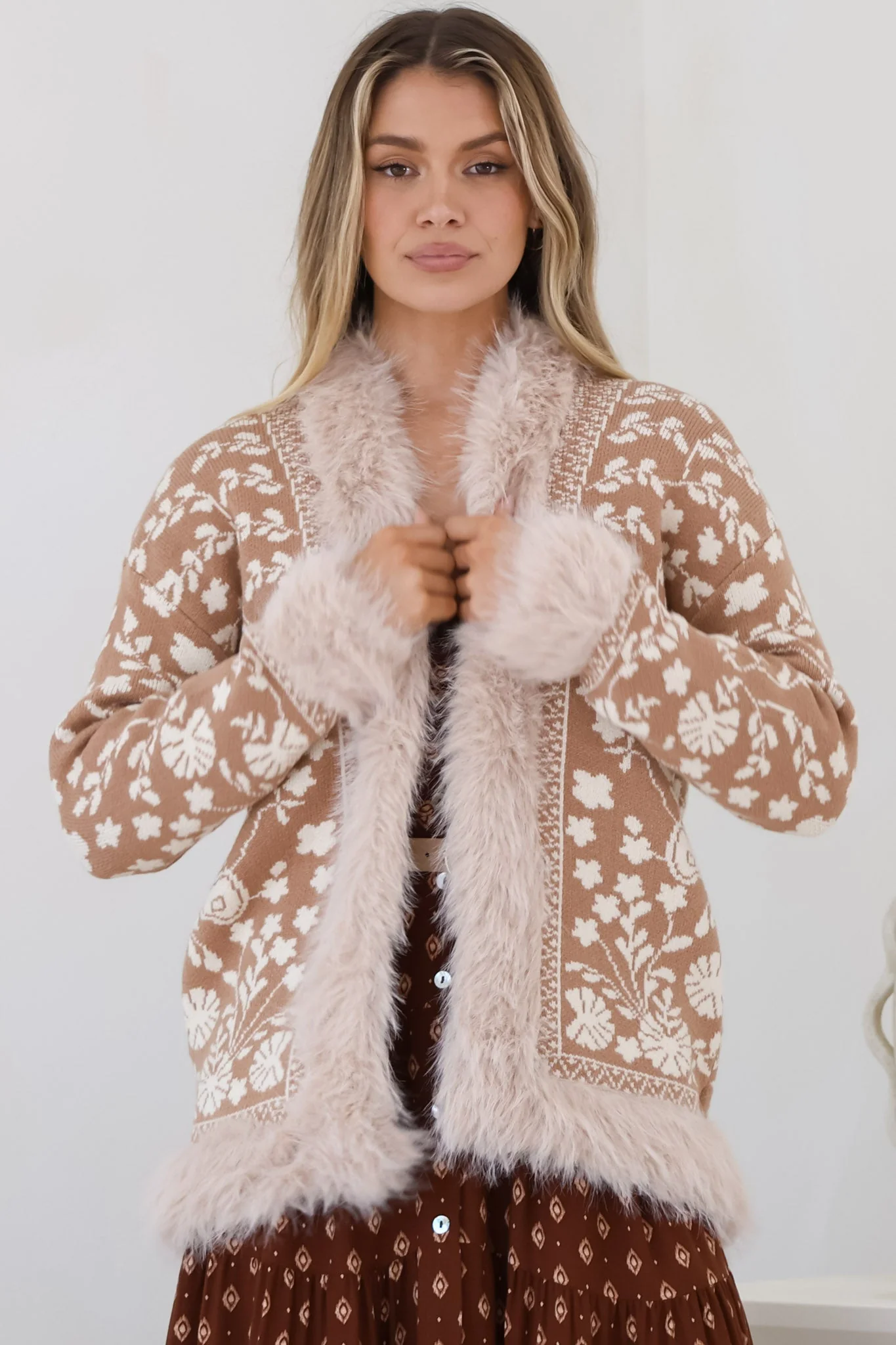 Wolfe Jacket - Faux Fur Trim Open Knit Jacket in Camel - Image 11