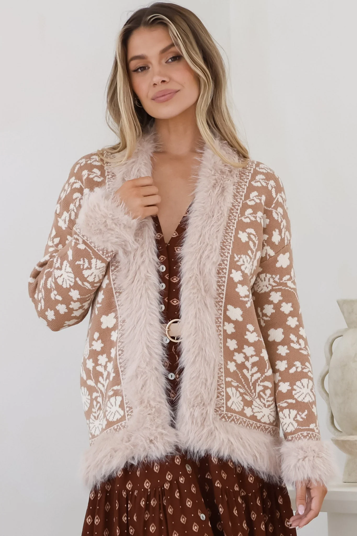 Wolfe Jacket - Faux Fur Trim Open Knit Jacket in Camel - Image 12