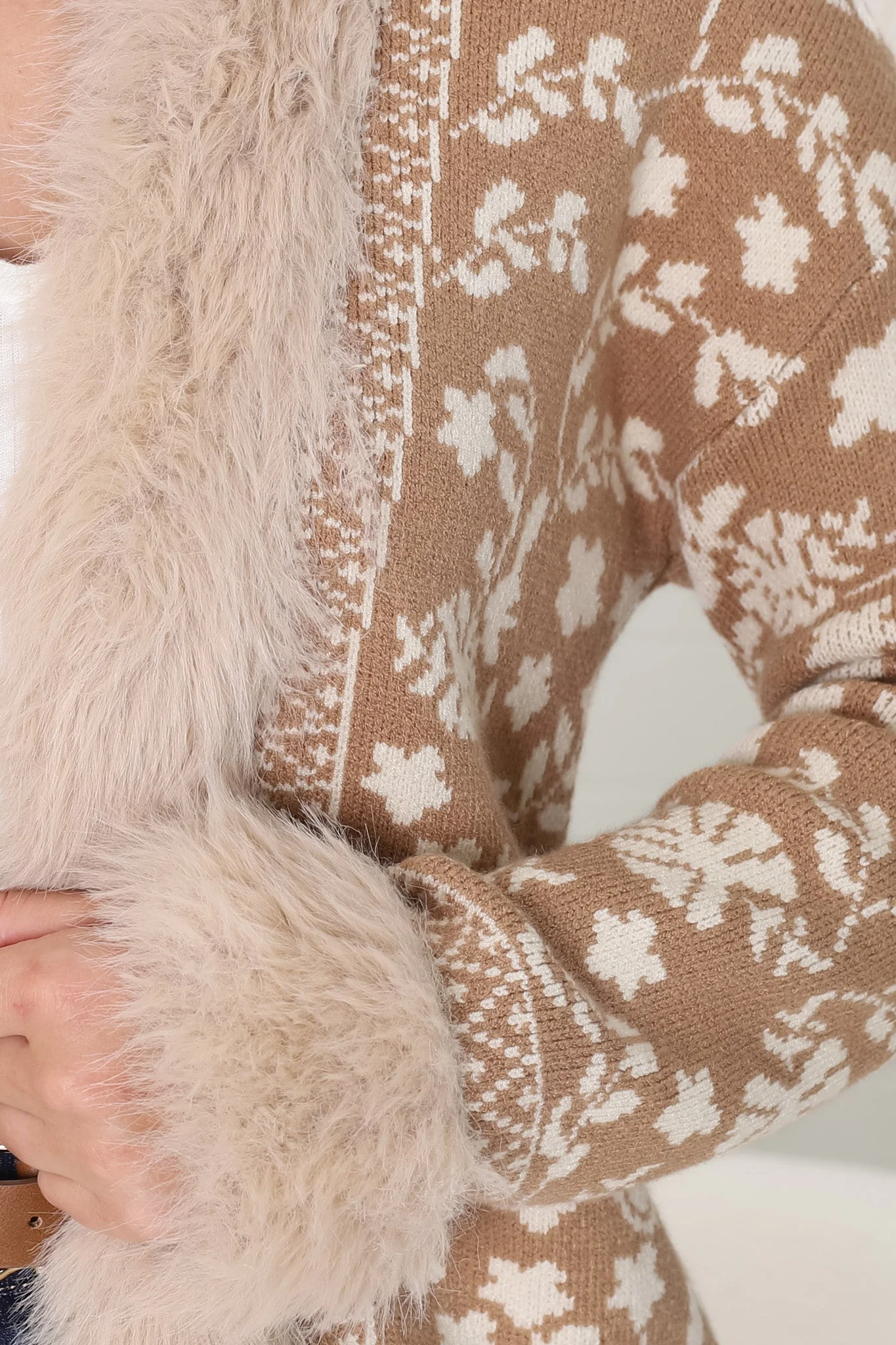 Wolfe Jacket - Faux Fur Trim Open Knit Jacket in Camel - Image 14