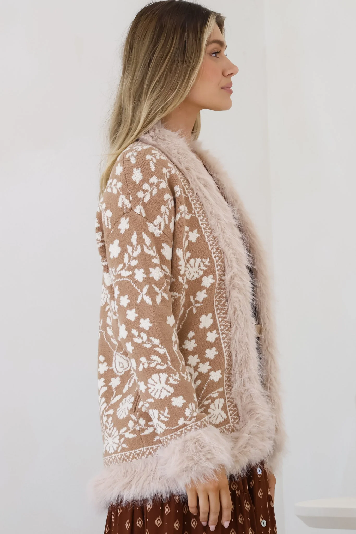 Wolfe Jacket - Faux Fur Trim Open Knit Jacket in Camel - Image 15