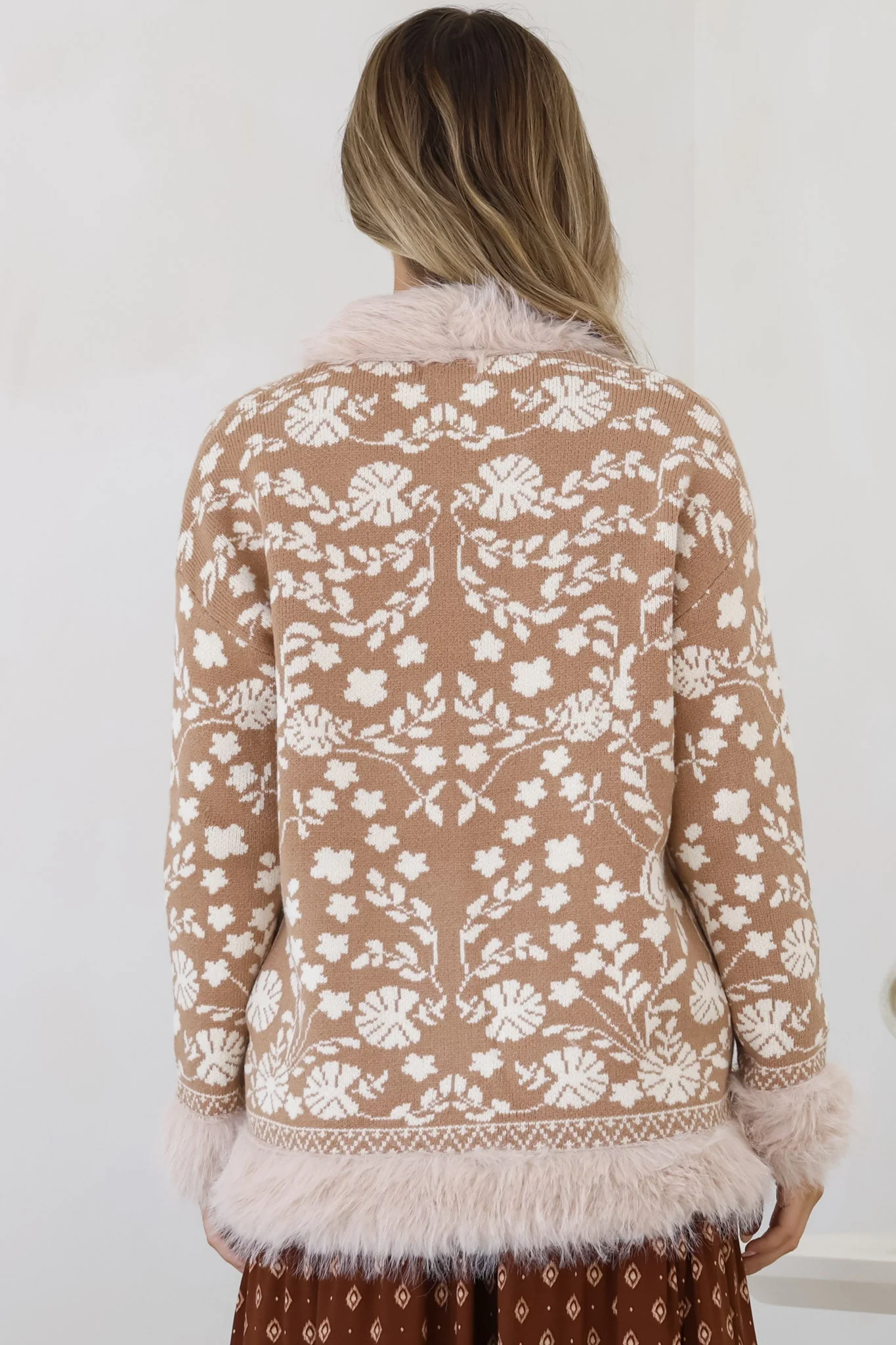 Wolfe Jacket - Faux Fur Trim Open Knit Jacket in Camel - Image 16