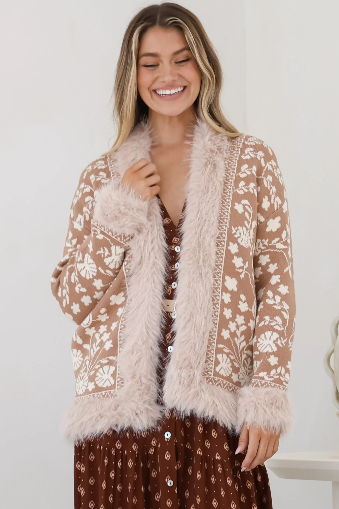 Wolfe Jacket - Faux Fur Trim Open Knit Jacket in Camel - Image 3