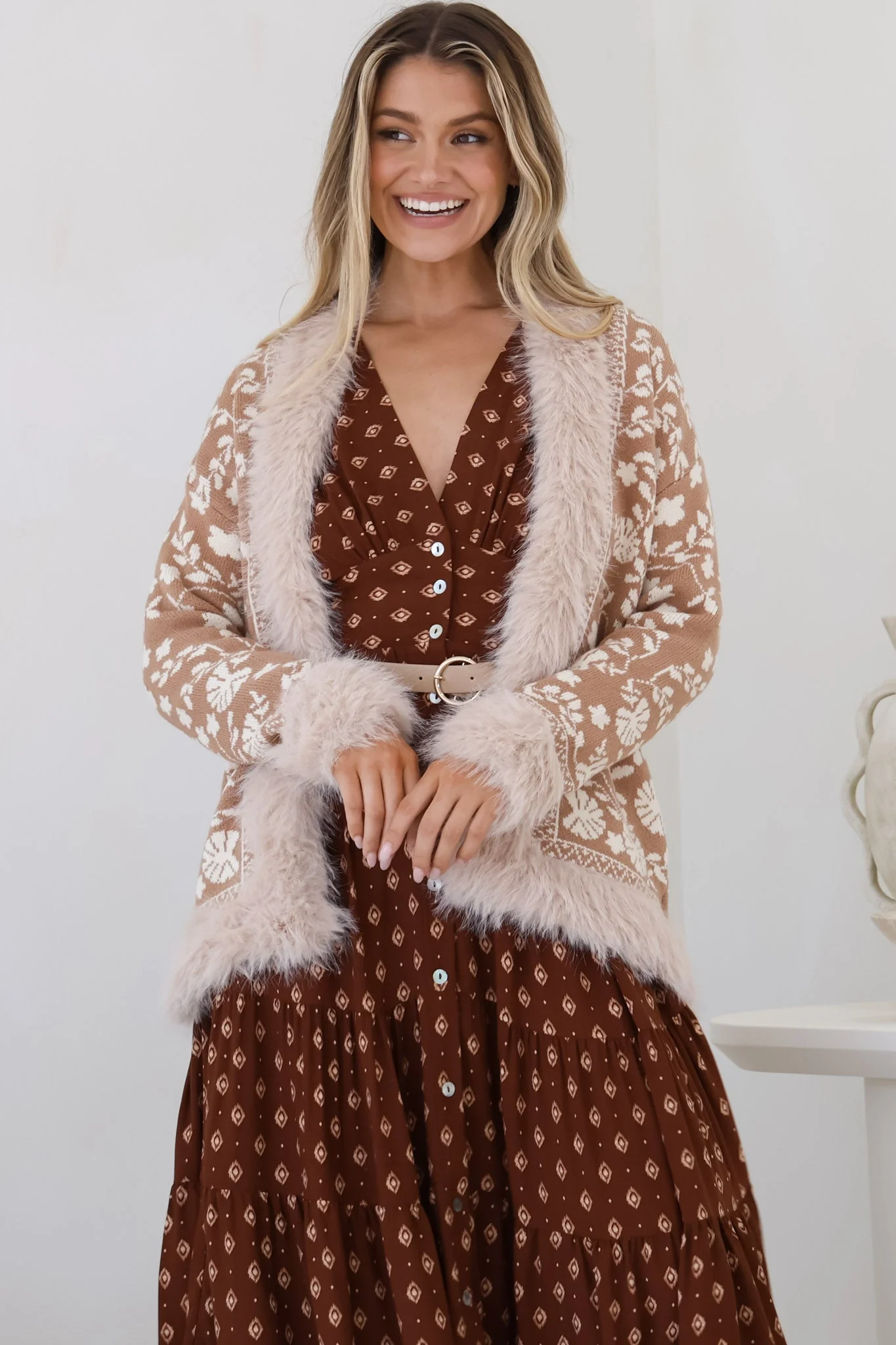 Wolfe Jacket - Faux Fur Trim Open Knit Jacket in Camel - Image 5