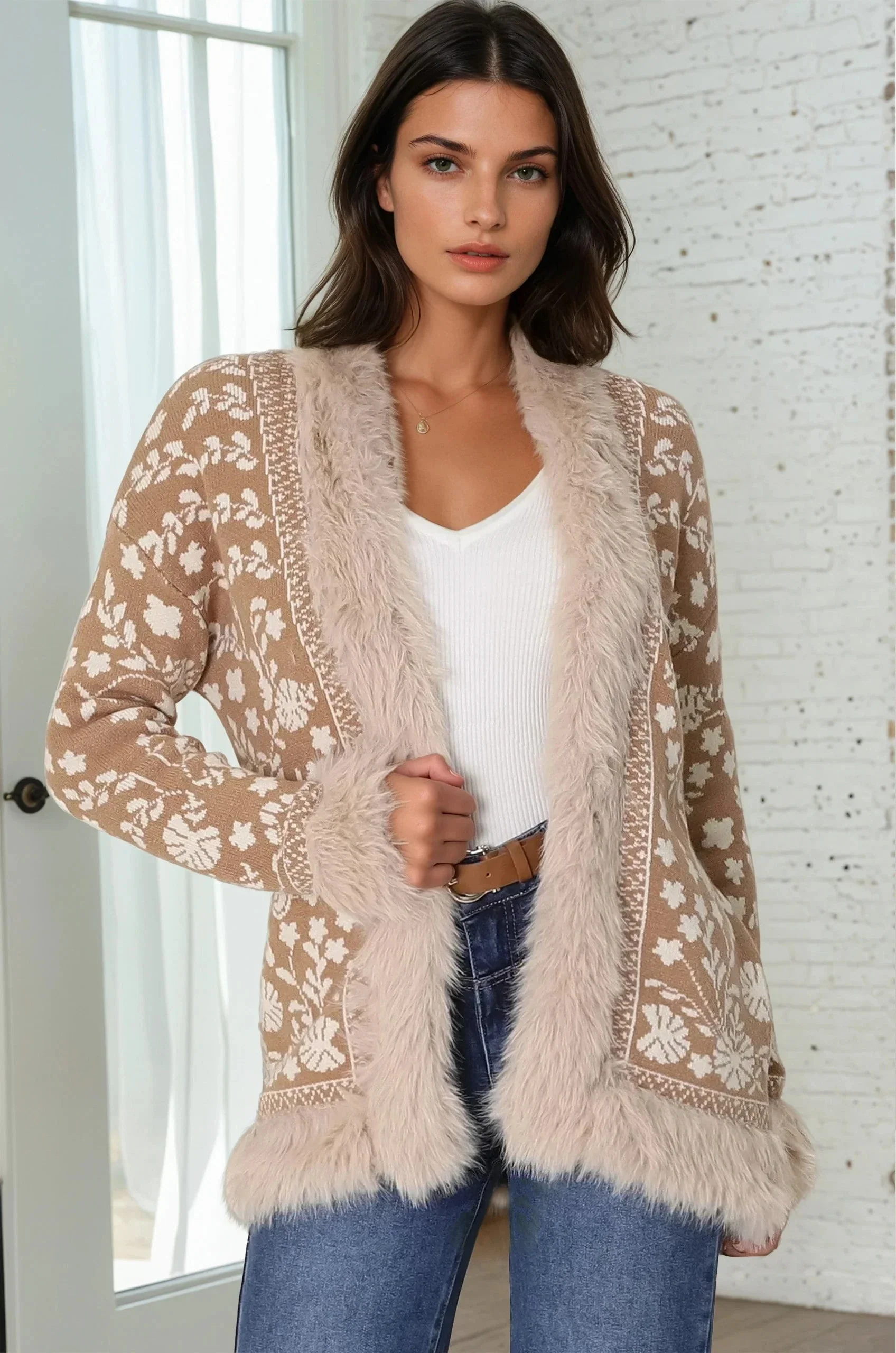 Wolfe Jacket - Faux Fur Trim Open Knit Jacket in Camel - Image 6