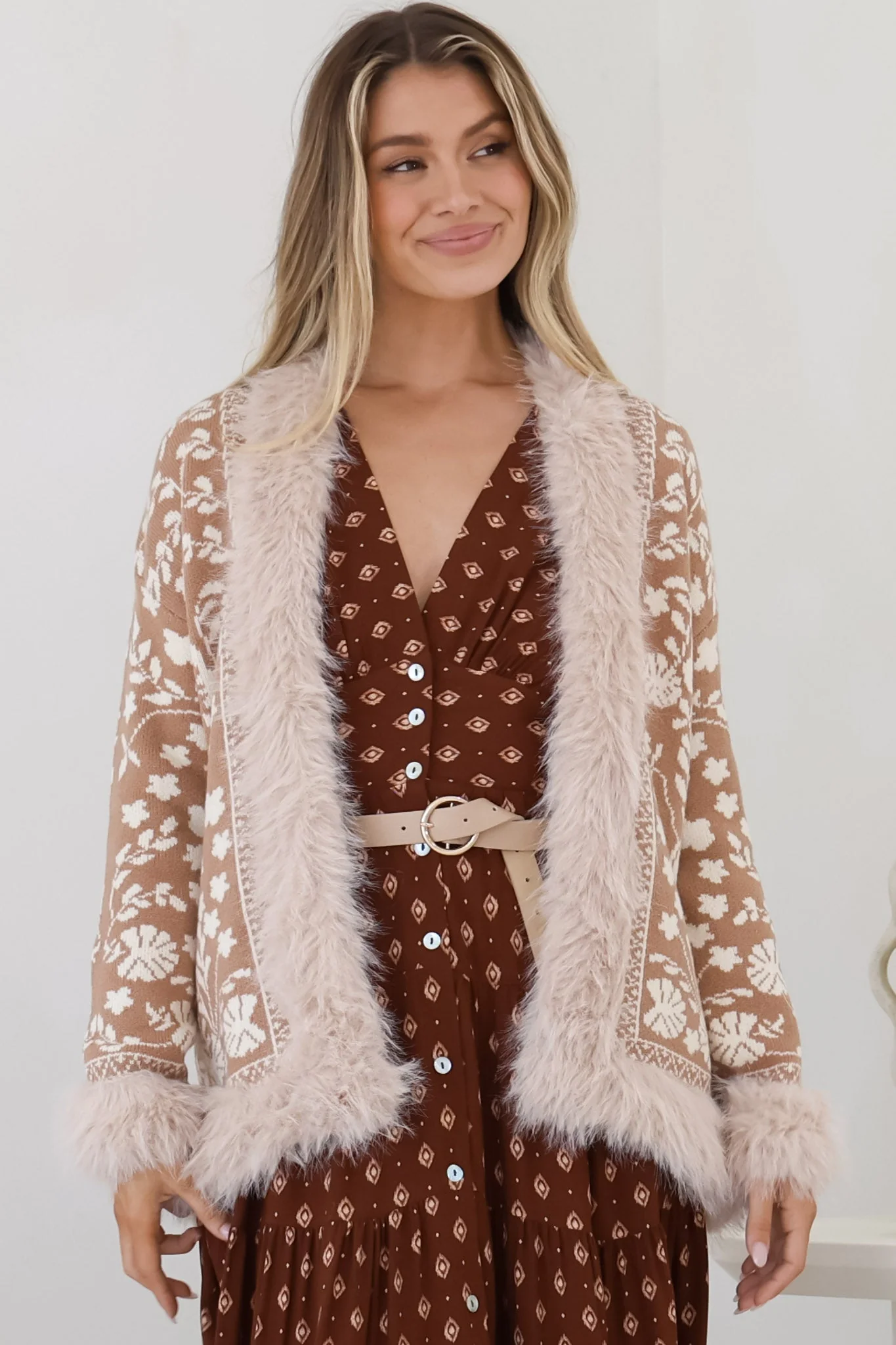 Wolfe Jacket - Faux Fur Trim Open Knit Jacket in Camel - Image 9