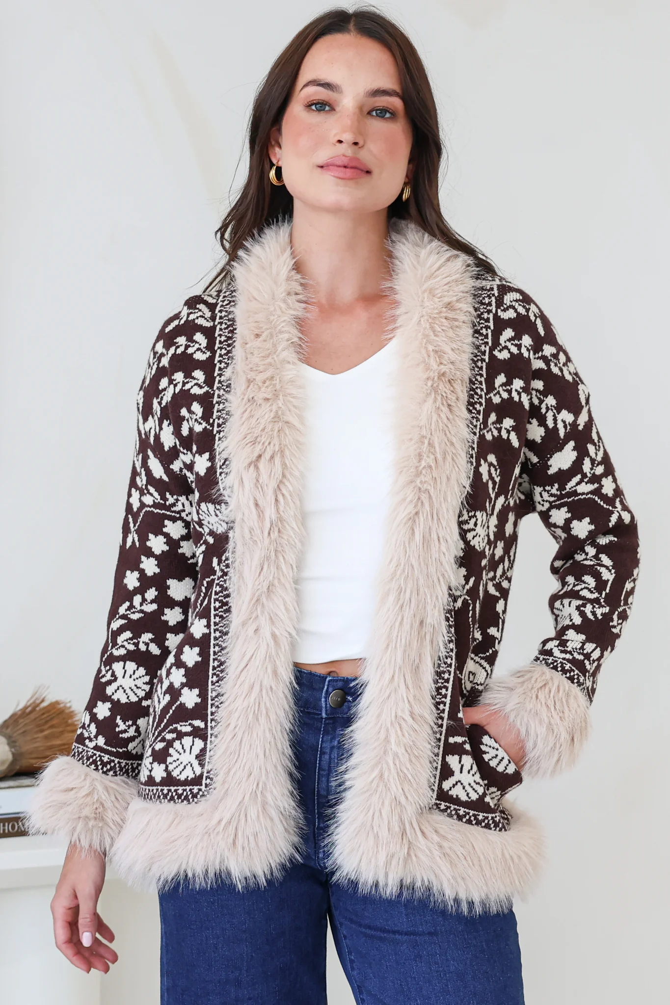 Wolfe Jacket - Faux Fur Trim Open Knit Jacket in Chocolate