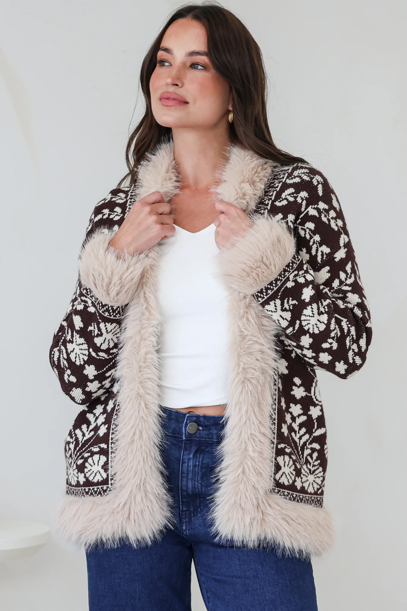 Wolfe Jacket - Faux Fur Trim Open Knit Jacket in Chocolate - Image 2