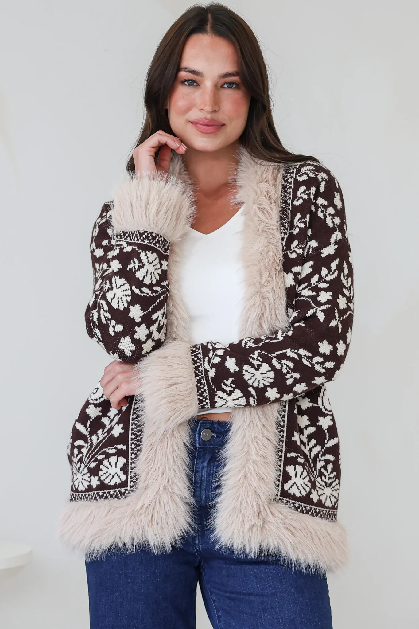 Wolfe Jacket - Faux Fur Trim Open Knit Jacket in Chocolate - Image 3