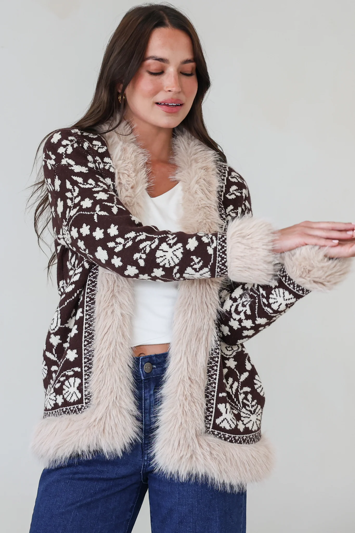 Wolfe Jacket - Faux Fur Trim Open Knit Jacket in Chocolate - Image 4