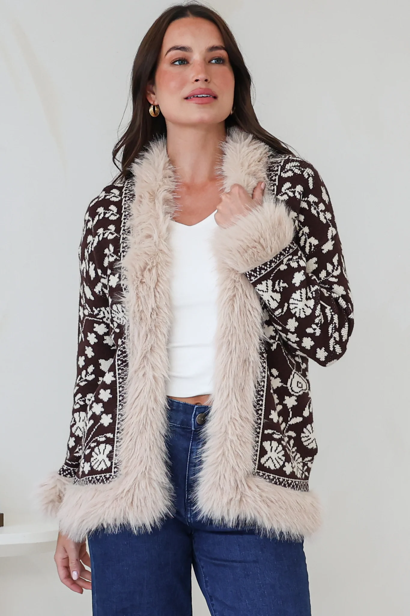 Wolfe Jacket - Faux Fur Trim Open Knit Jacket in Chocolate - Image 5
