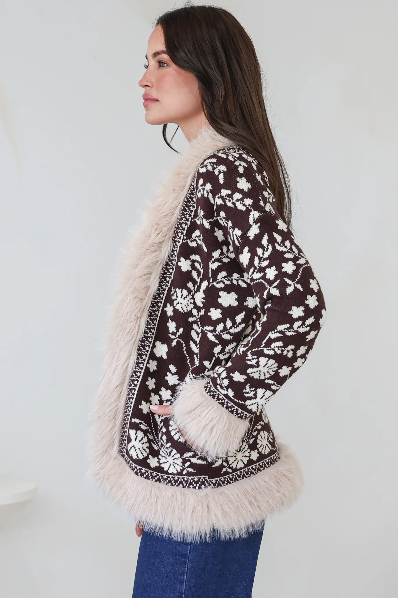 Wolfe Jacket - Faux Fur Trim Open Knit Jacket in Chocolate - Image 6