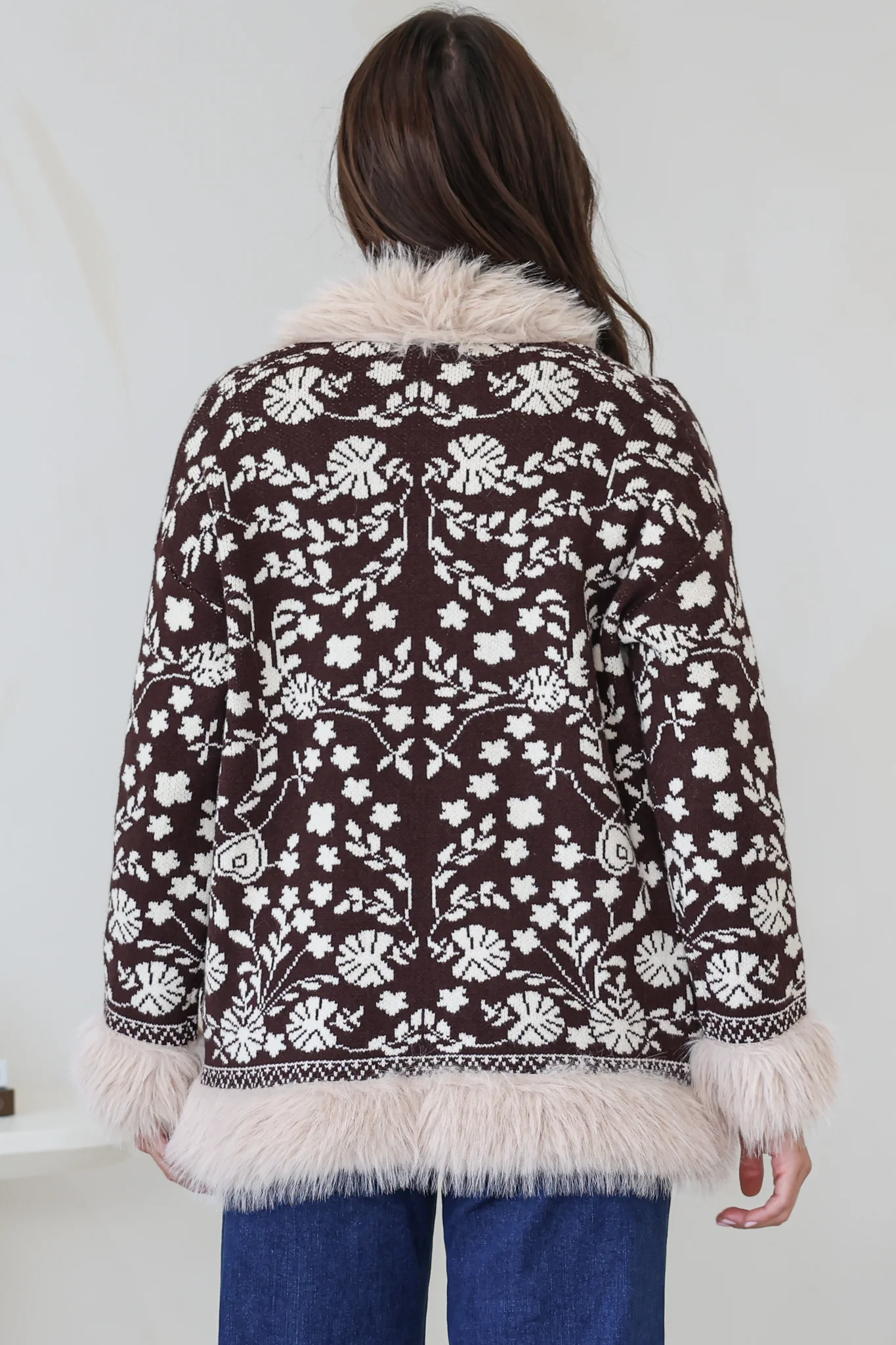 Wolfe Jacket - Faux Fur Trim Open Knit Jacket in Chocolate - Image 7