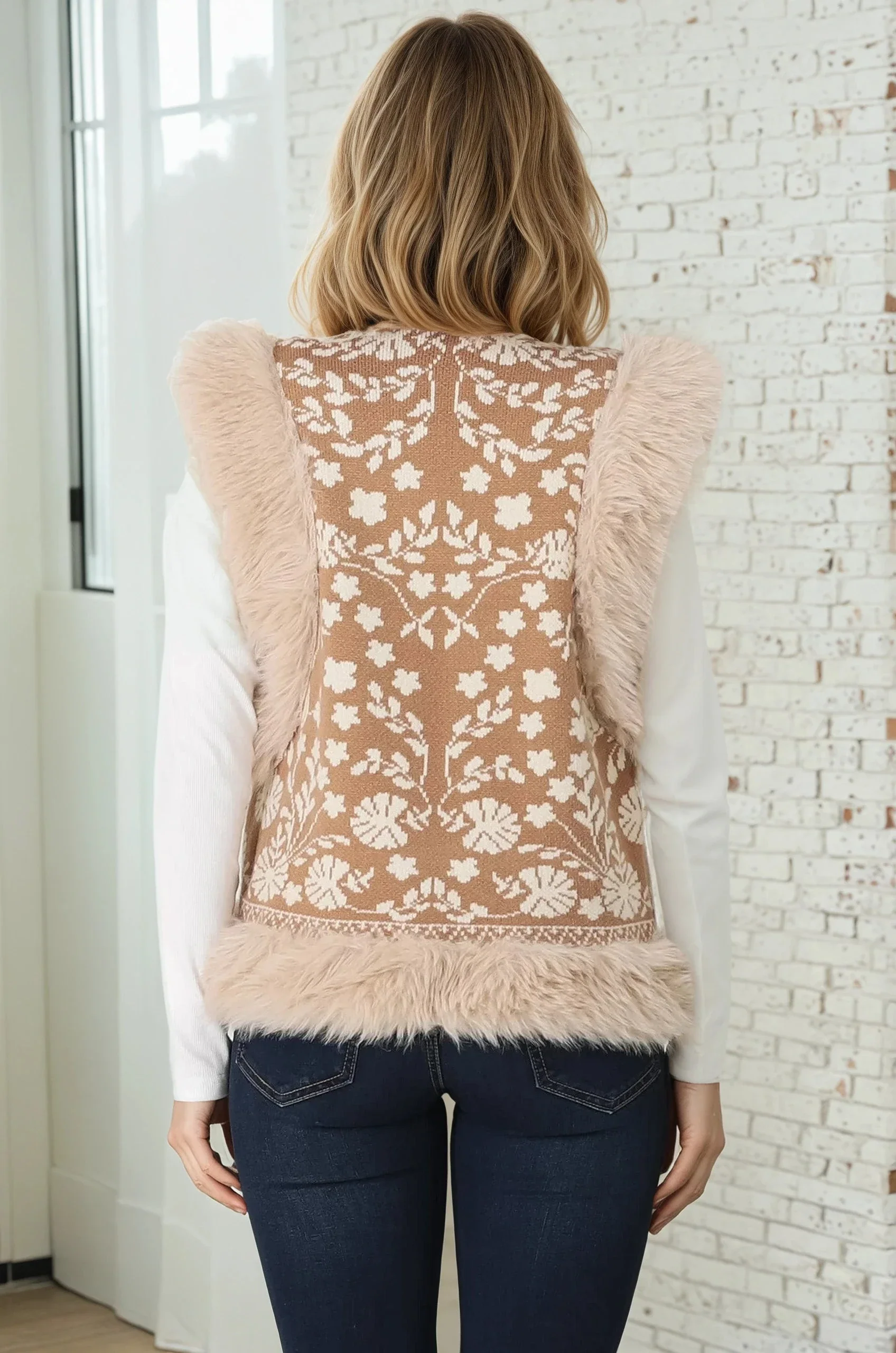 Wolfe Knit Vest - Faux Fur Trim Open Vest in Camel - Image 13