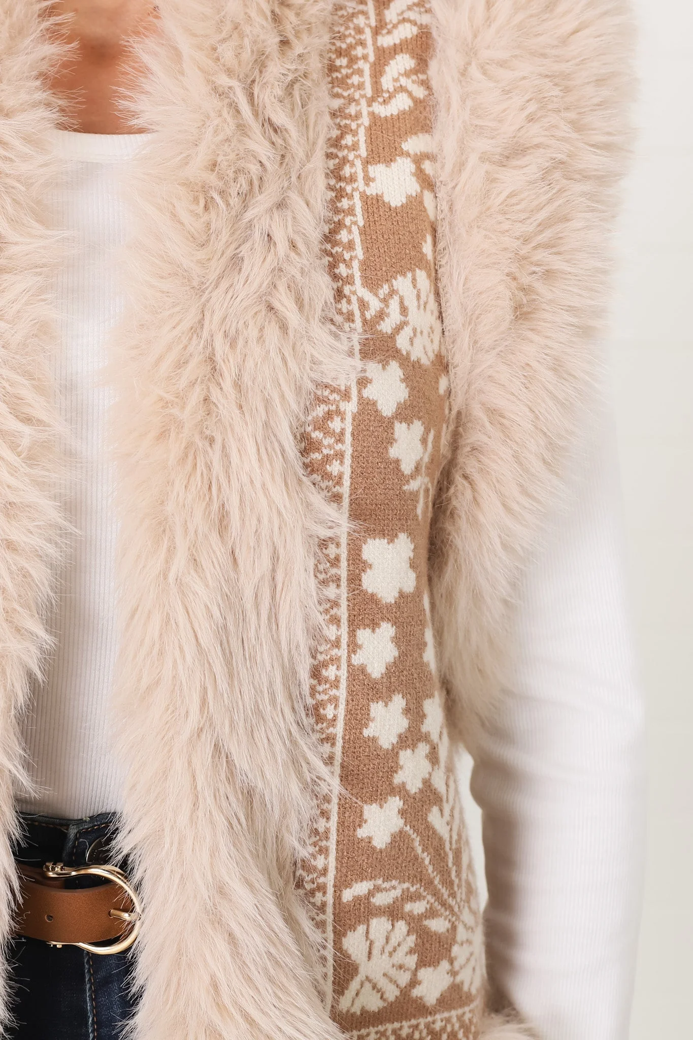 Wolfe Knit Vest - Faux Fur Trim Open Vest in Camel - Image 14
