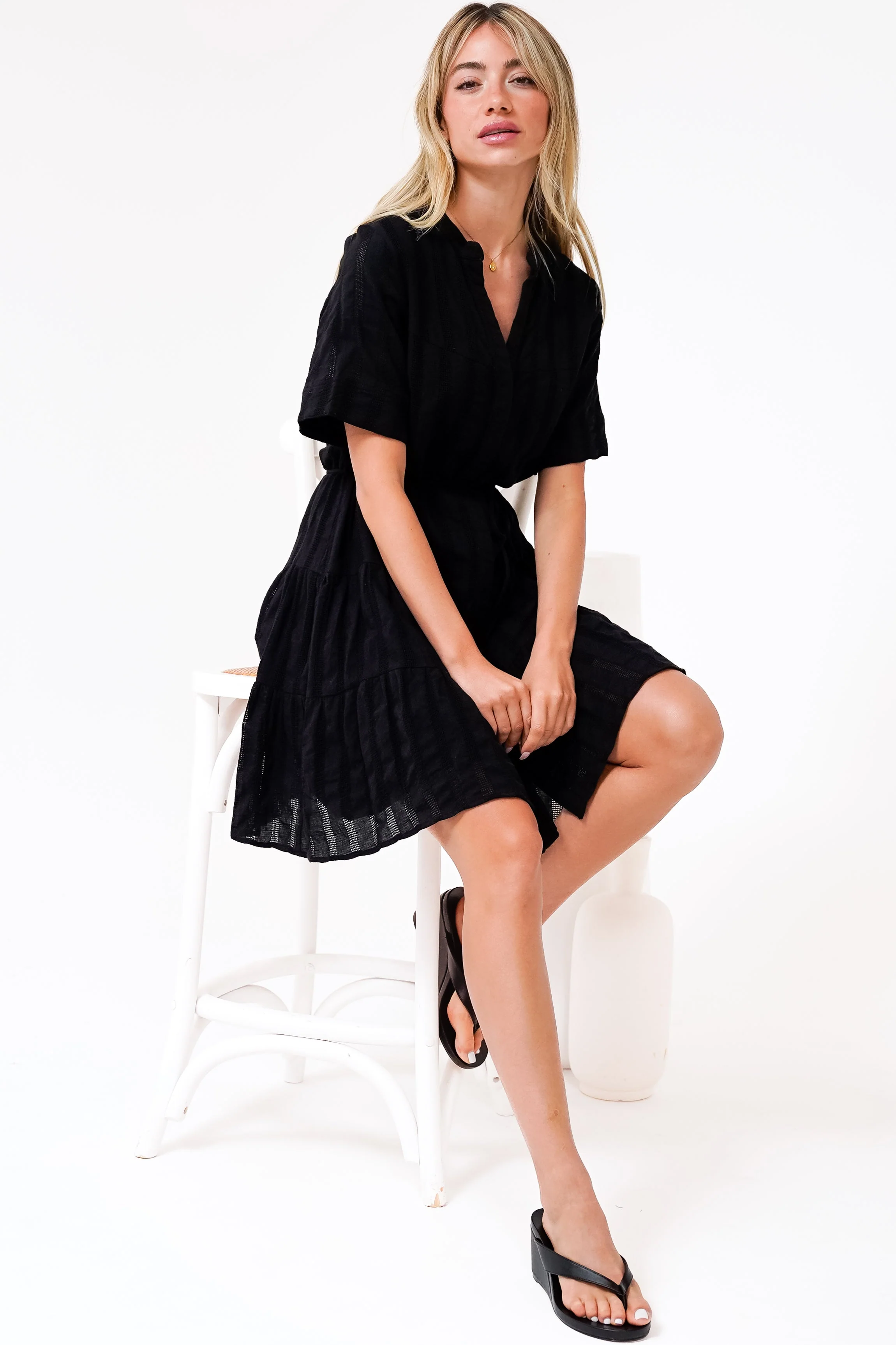 Wyanna Mini Dress - Mandarin Collar Button Down Tiered Dress with Waist Tie in Black - Image 2