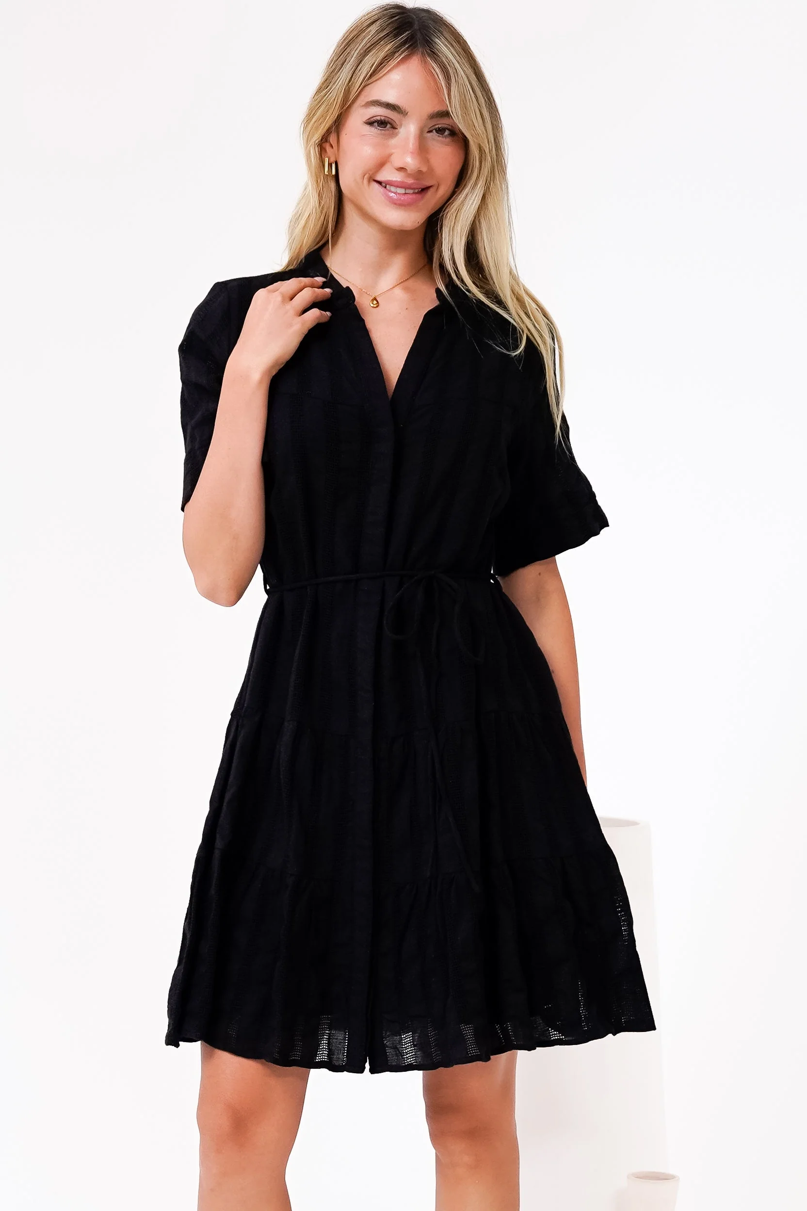 Wyanna Mini Dress - Mandarin Collar Button Down Tiered Dress with Waist Tie in Black - Image 3