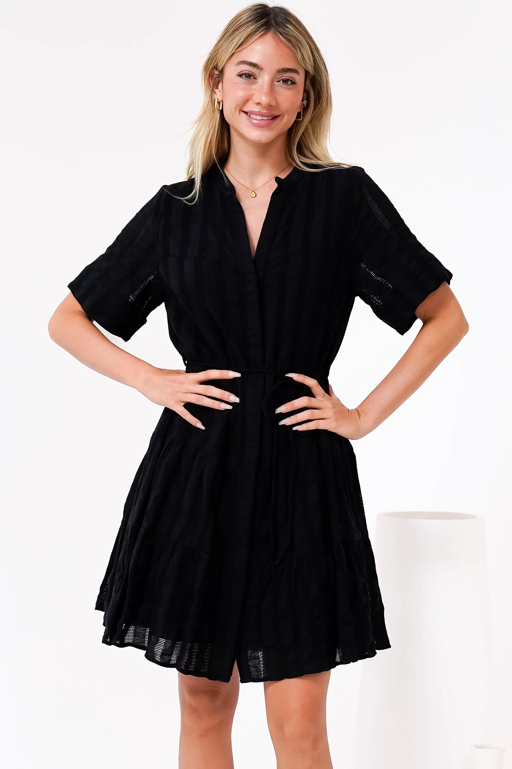 Wyanna Mini Dress - Mandarin Collar Button Down Tiered Dress with Waist Tie in Black - Image 4