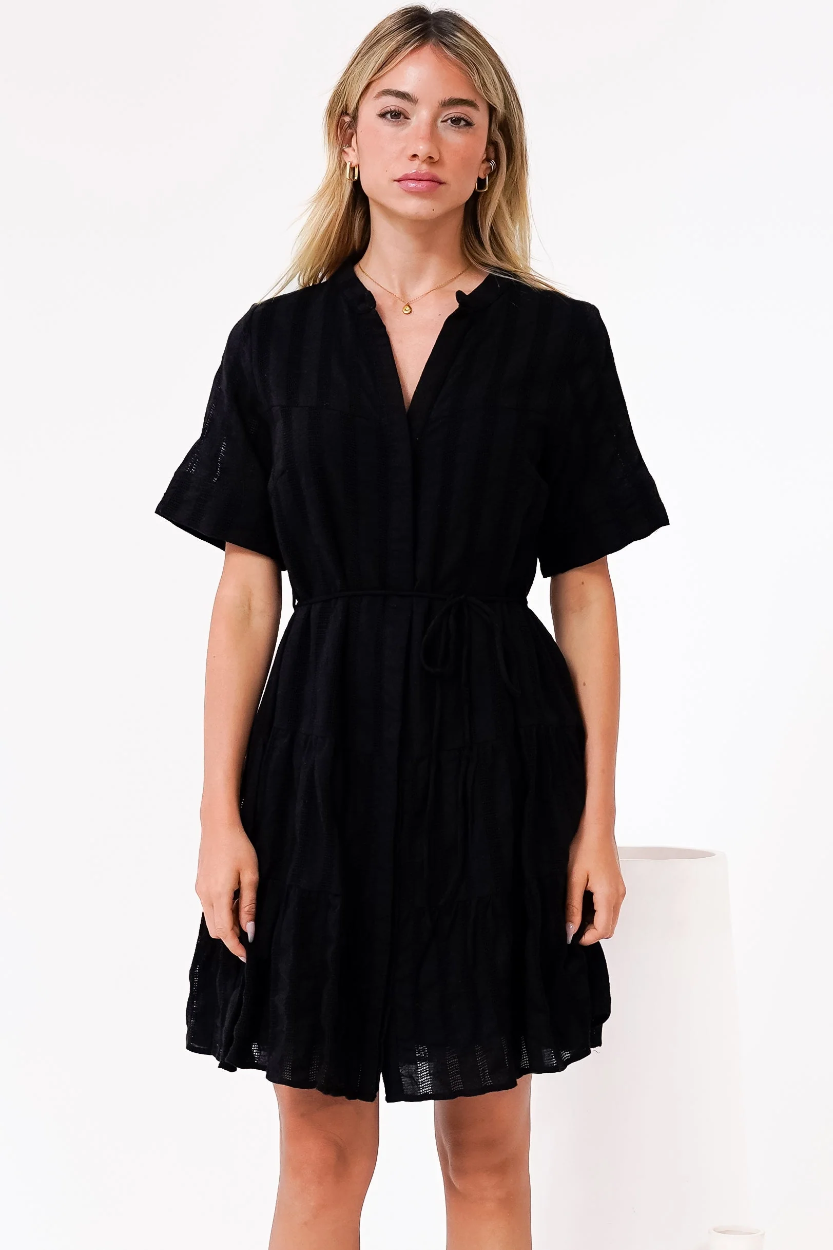 Wyanna Mini Dress - Mandarin Collar Button Down Tiered Dress with Waist Tie in Black - Image 5