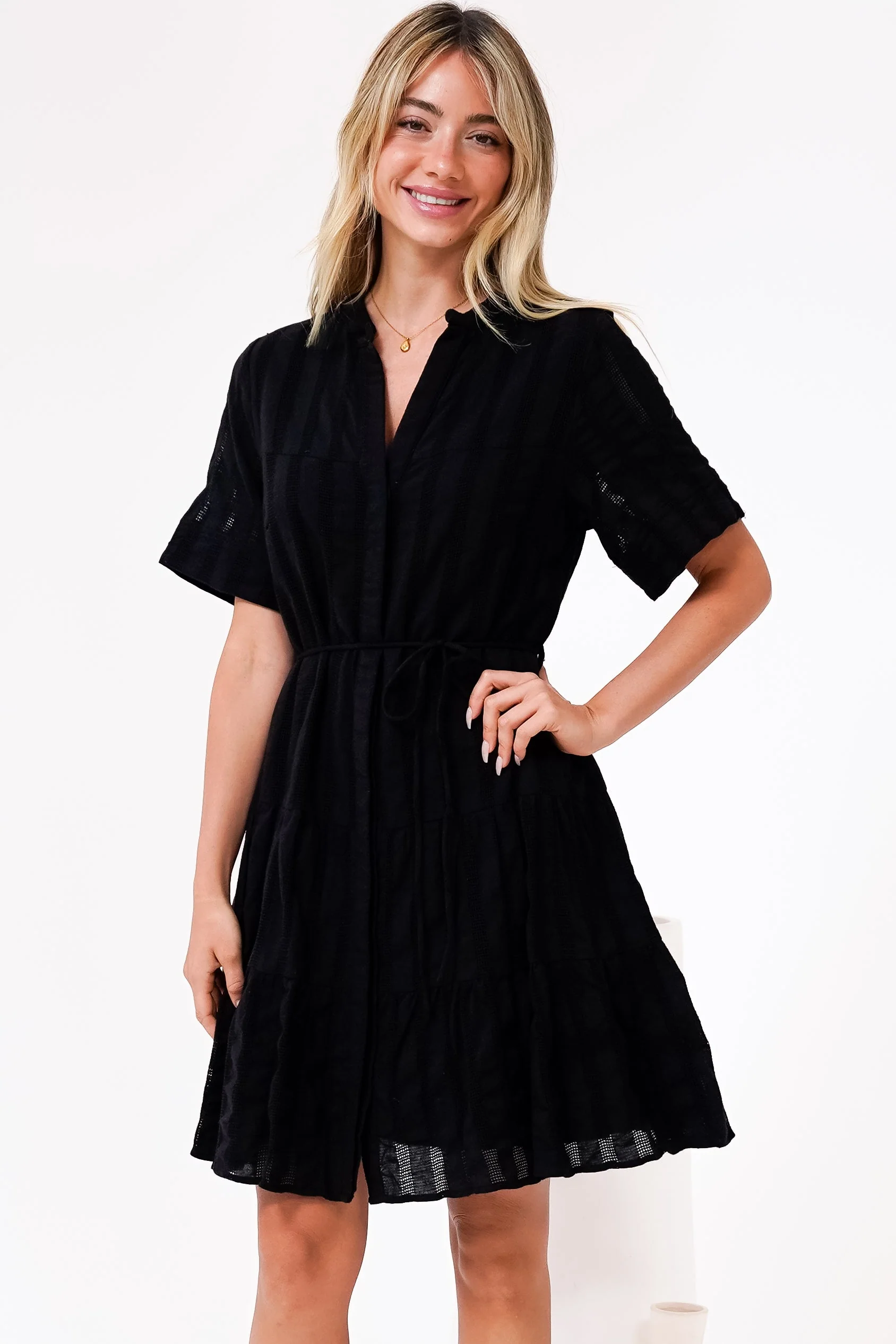 Wyanna Mini Dress - Mandarin Collar Button Down Tiered Dress with Waist Tie in Black - Image 6