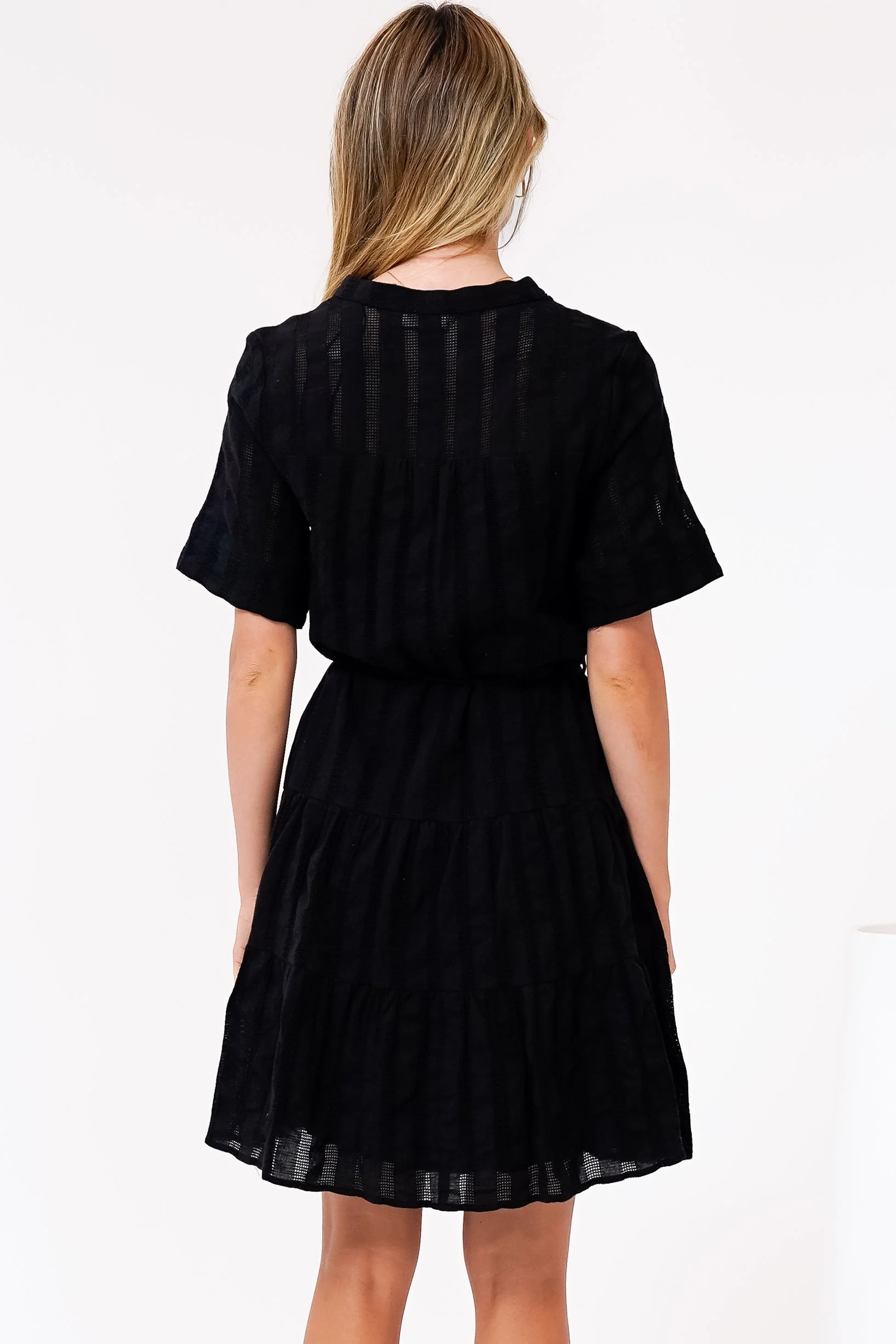 Wyanna Mini Dress - Mandarin Collar Button Down Tiered Dress with Waist Tie in Black - Image 7