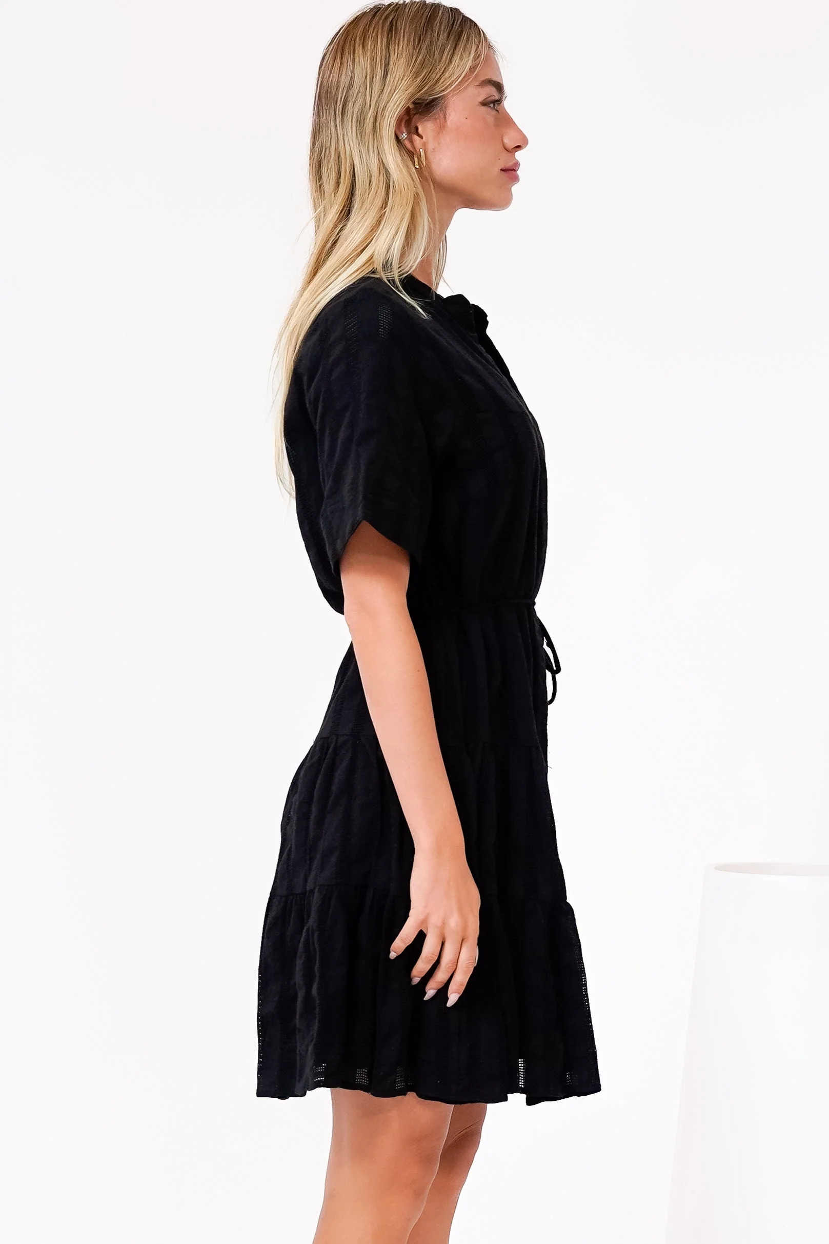 Wyanna Mini Dress - Mandarin Collar Button Down Tiered Dress with Waist Tie in Black - Image 8