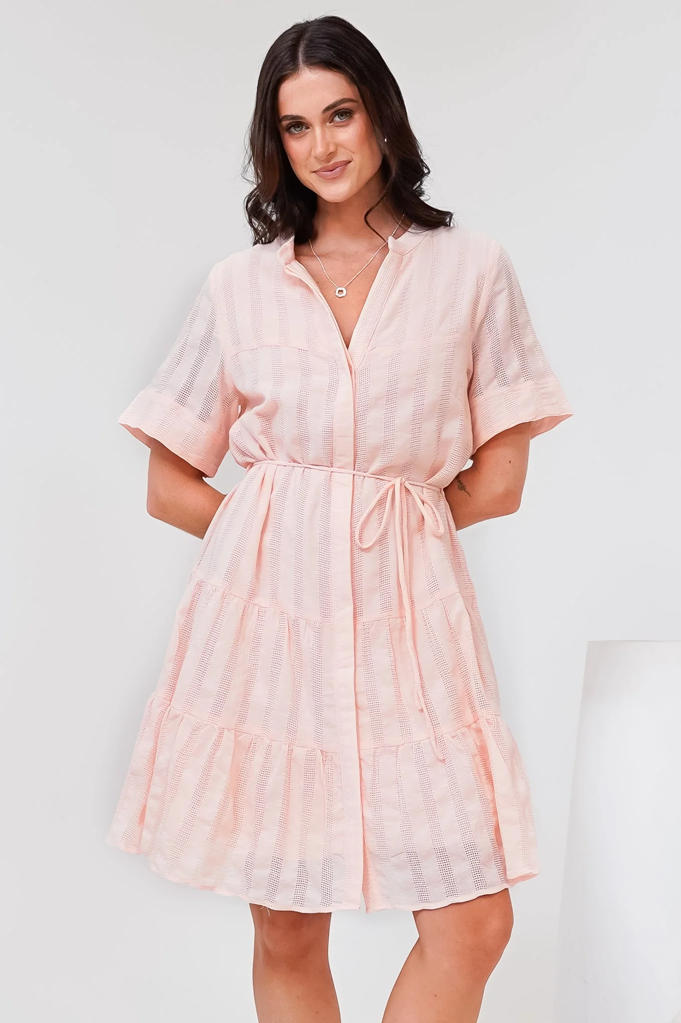 Wyanna Mini Dress - Mandarin Collar Button Down Tiered Dress with Waist Tie in Peach - Image 2