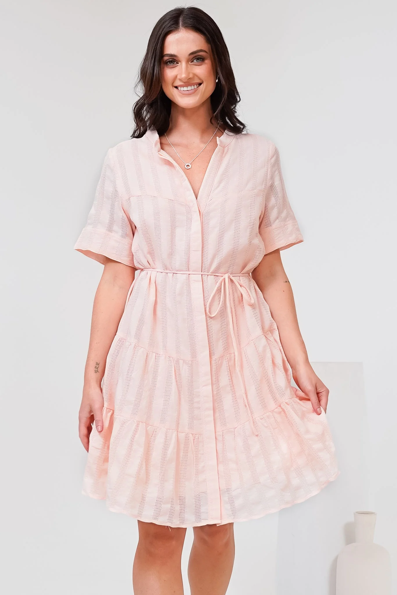 Wyanna Mini Dress - Mandarin Collar Button Down Tiered Dress with Waist Tie in Peach - Image 3