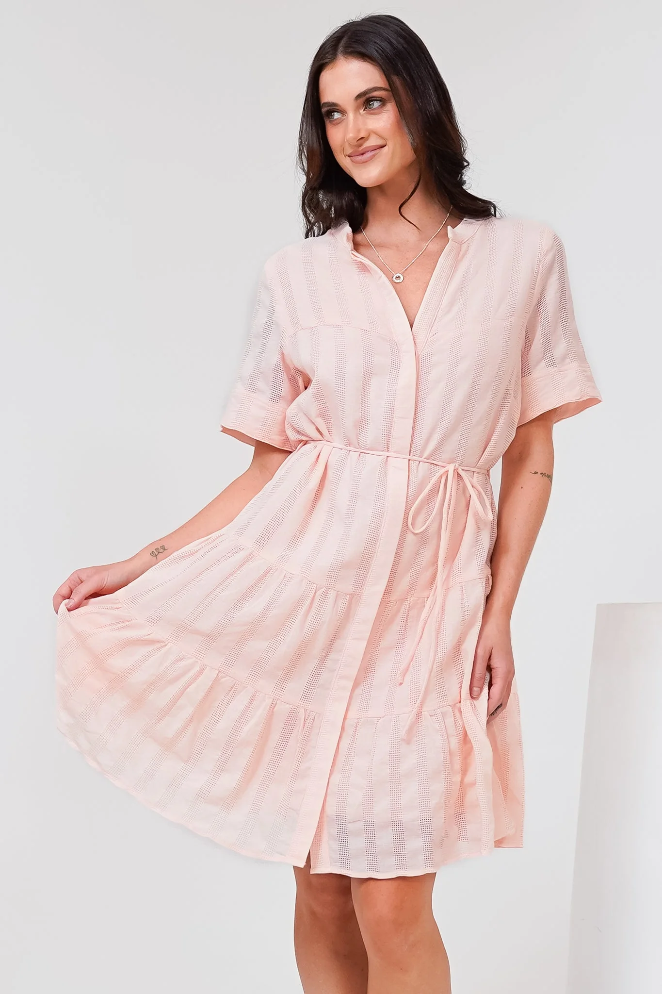 Wyanna Mini Dress - Mandarin Collar Button Down Tiered Dress with Waist Tie in Peach - Image 4