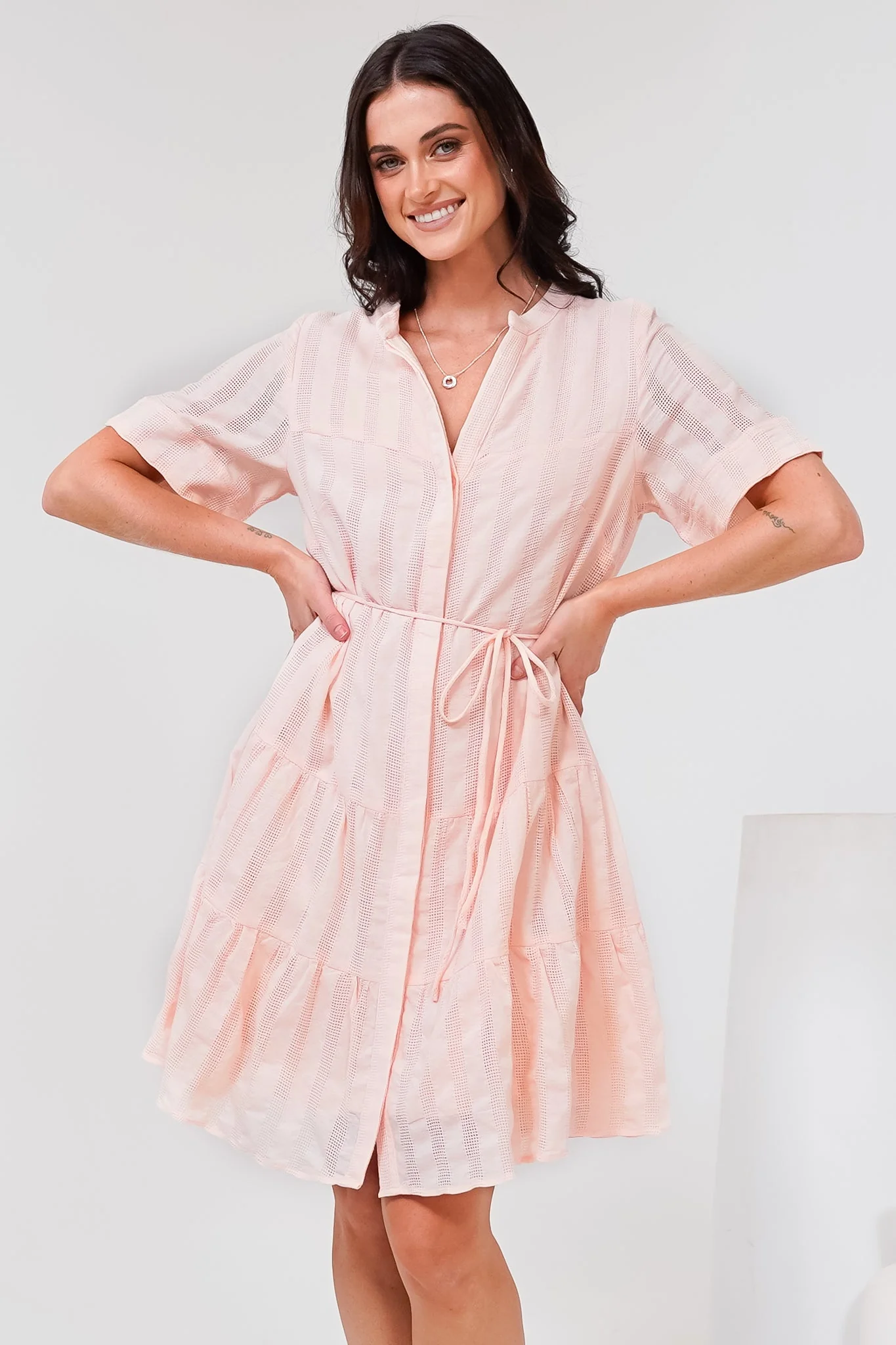 Wyanna Mini Dress - Mandarin Collar Button Down Tiered Dress with Waist Tie in Peach - Image 5