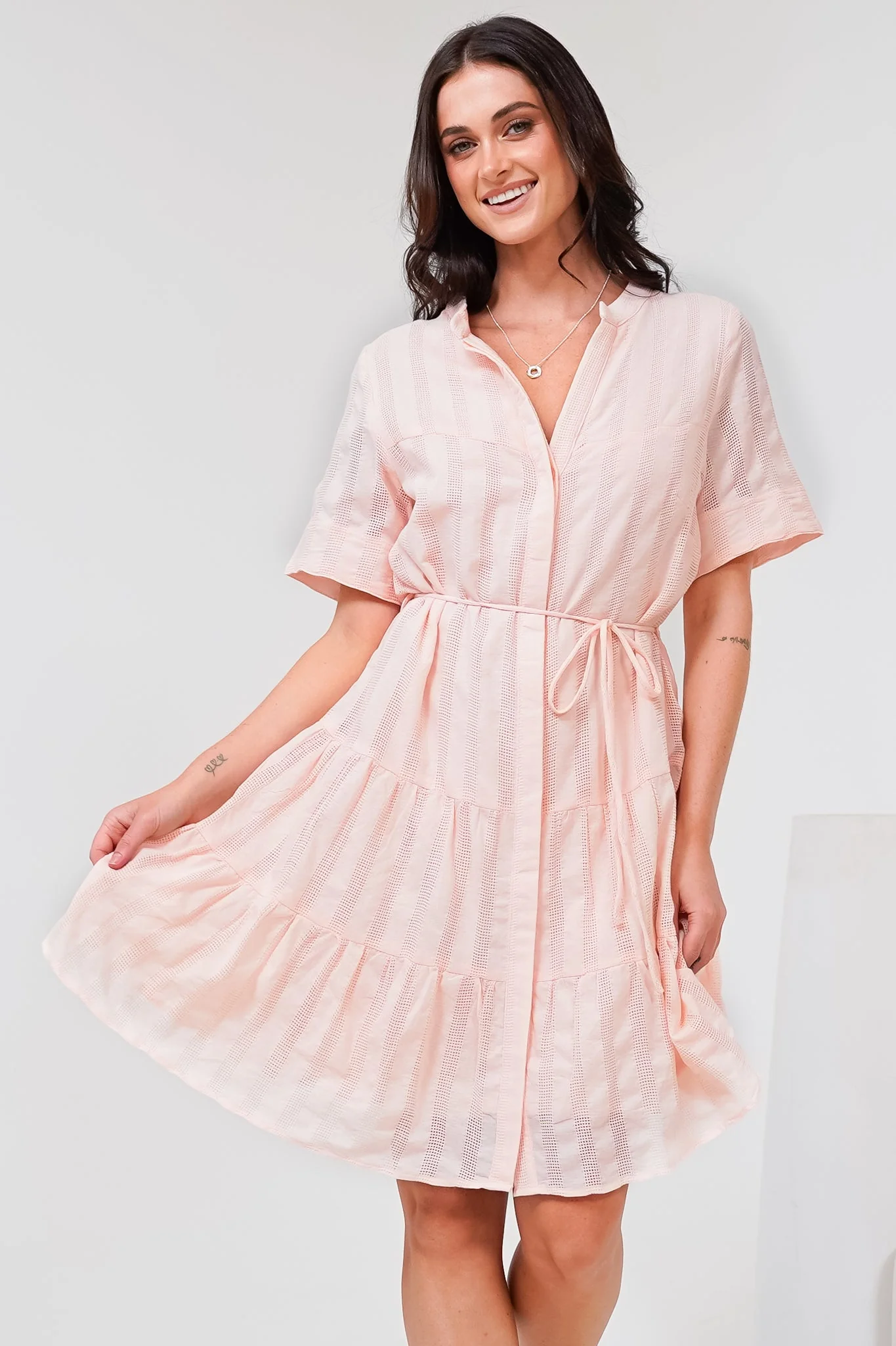 Wyanna Mini Dress - Mandarin Collar Button Down Tiered Dress with Waist Tie in Peach - Image 6