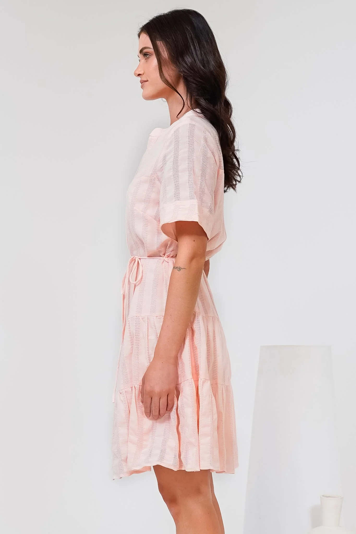 Wyanna Mini Dress - Mandarin Collar Button Down Tiered Dress with Waist Tie in Peach - Image 7