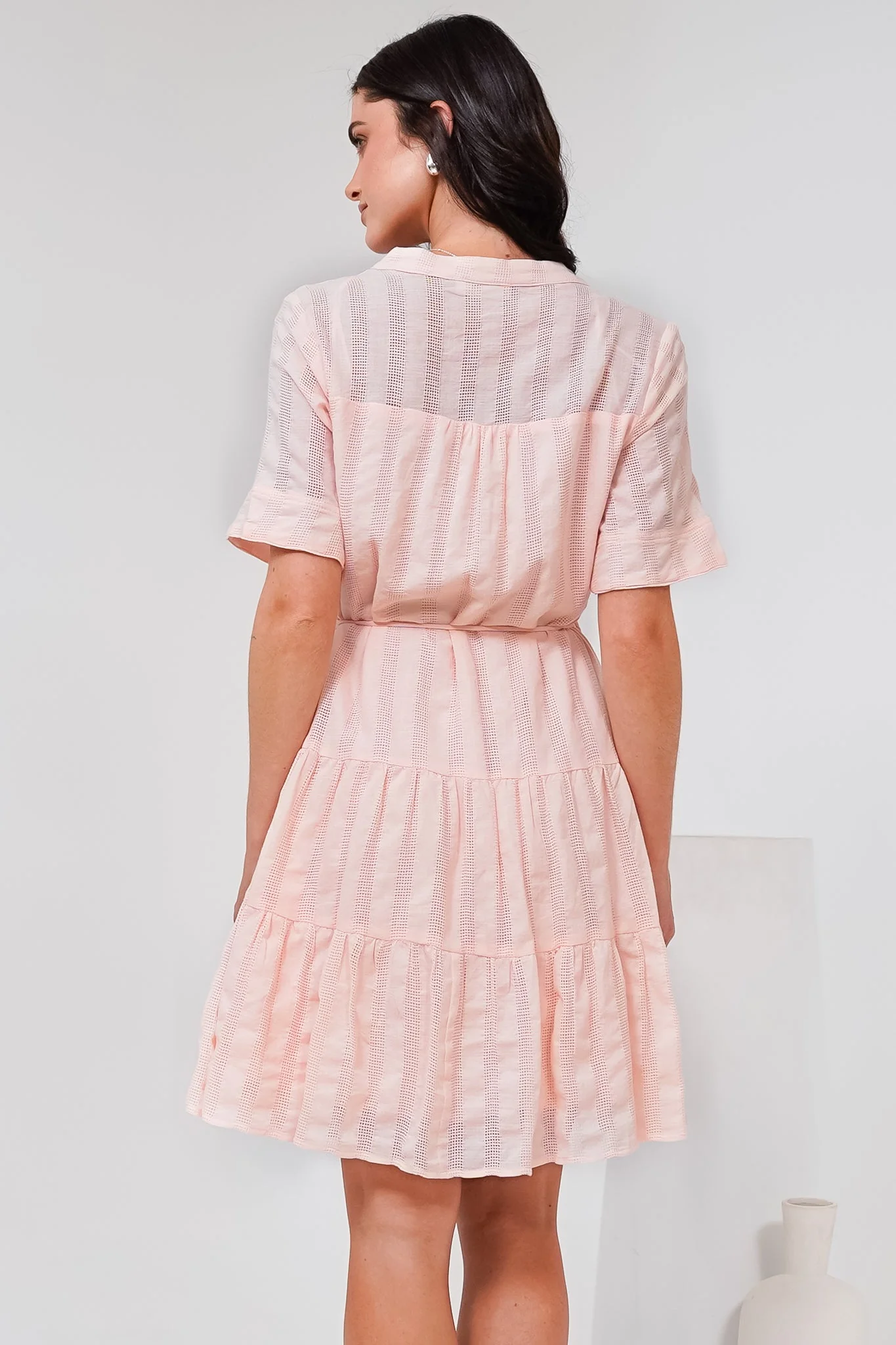 Wyanna Mini Dress - Mandarin Collar Button Down Tiered Dress with Waist Tie in Peach - Image 8
