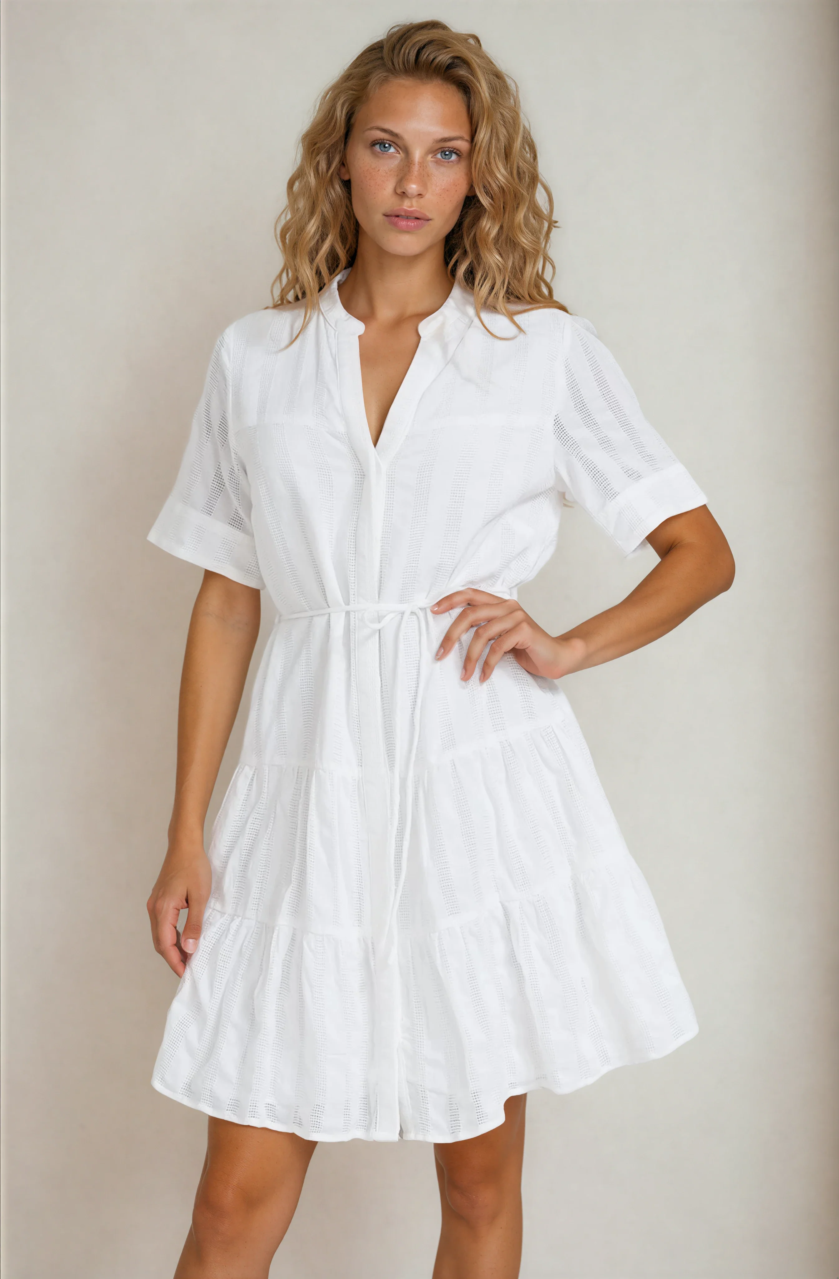 Wyanna Mini Dress - Mandarin Collar Button Down Tiered Dress with Waist Tie in White - Image 2
