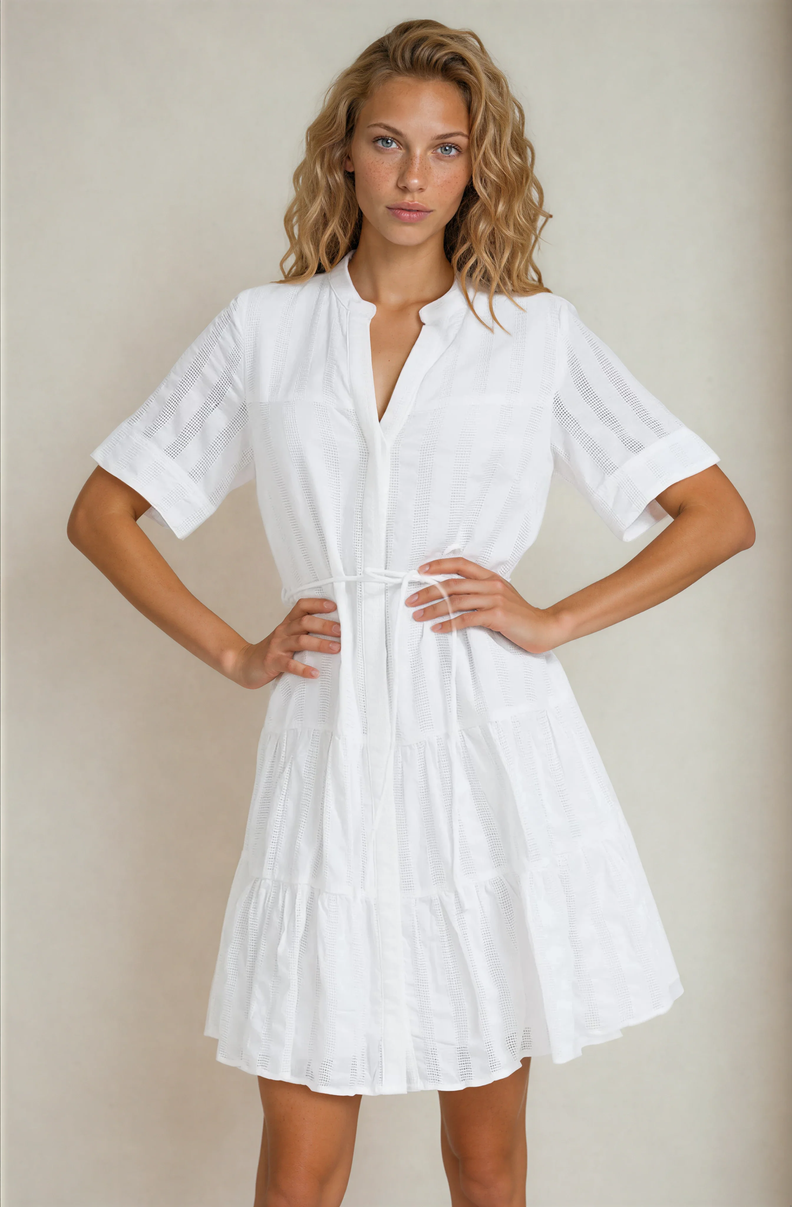 Wyanna Mini Dress - Mandarin Collar Button Down Tiered Dress with Waist Tie in White - Image 4