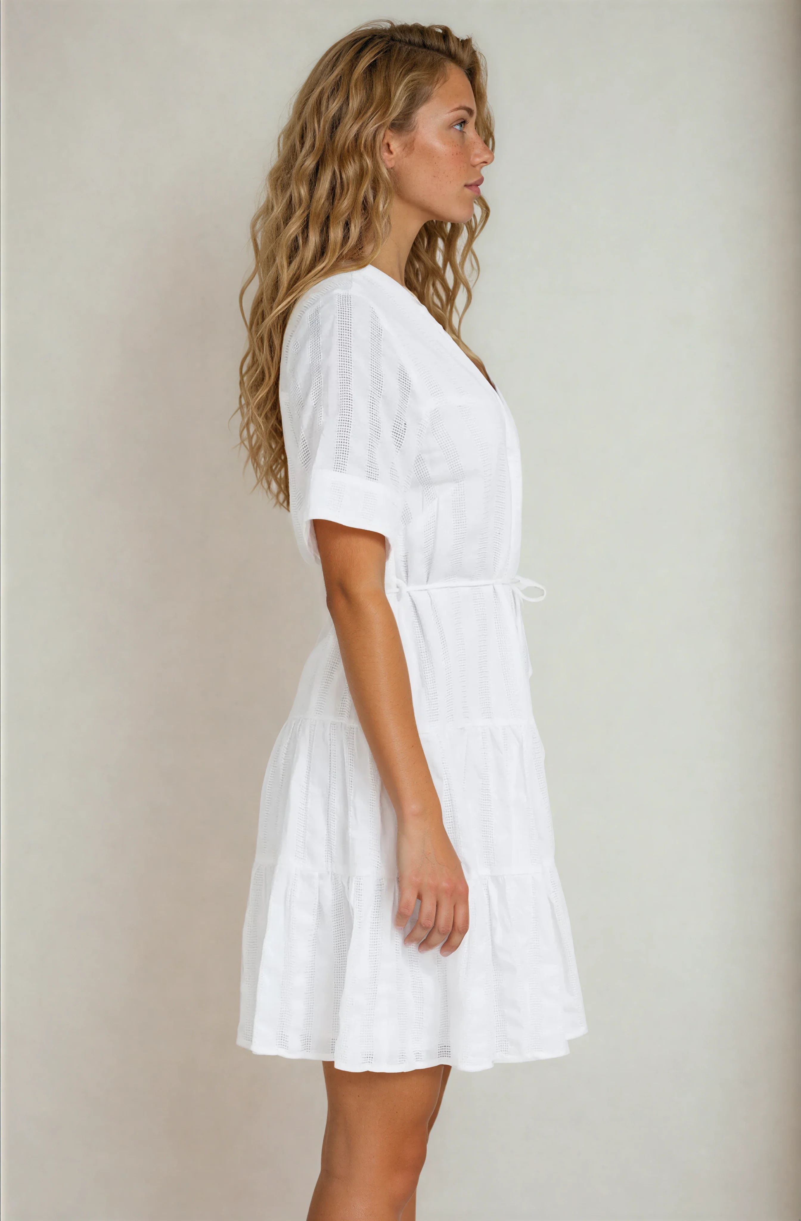 Wyanna Mini Dress - Mandarin Collar Button Down Tiered Dress with Waist Tie in White - Image 5