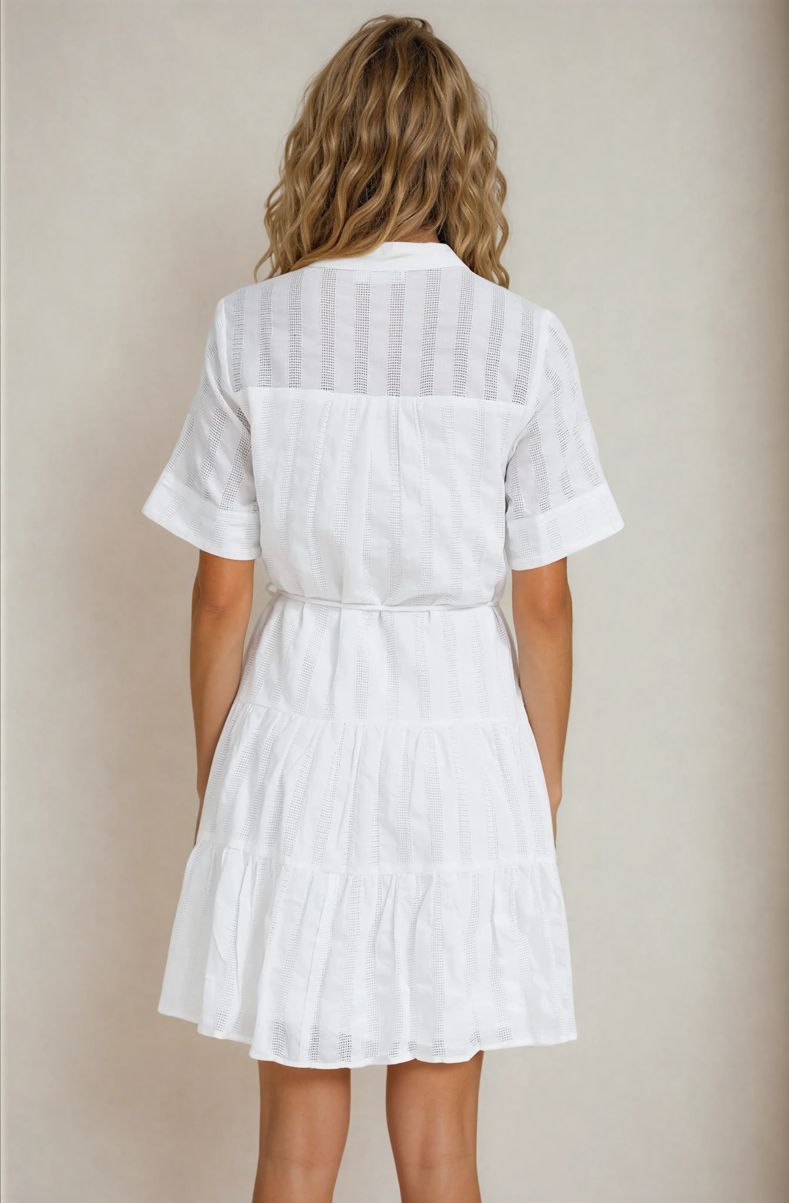 Wyanna Mini Dress - Mandarin Collar Button Down Tiered Dress with Waist Tie in White - Image 6