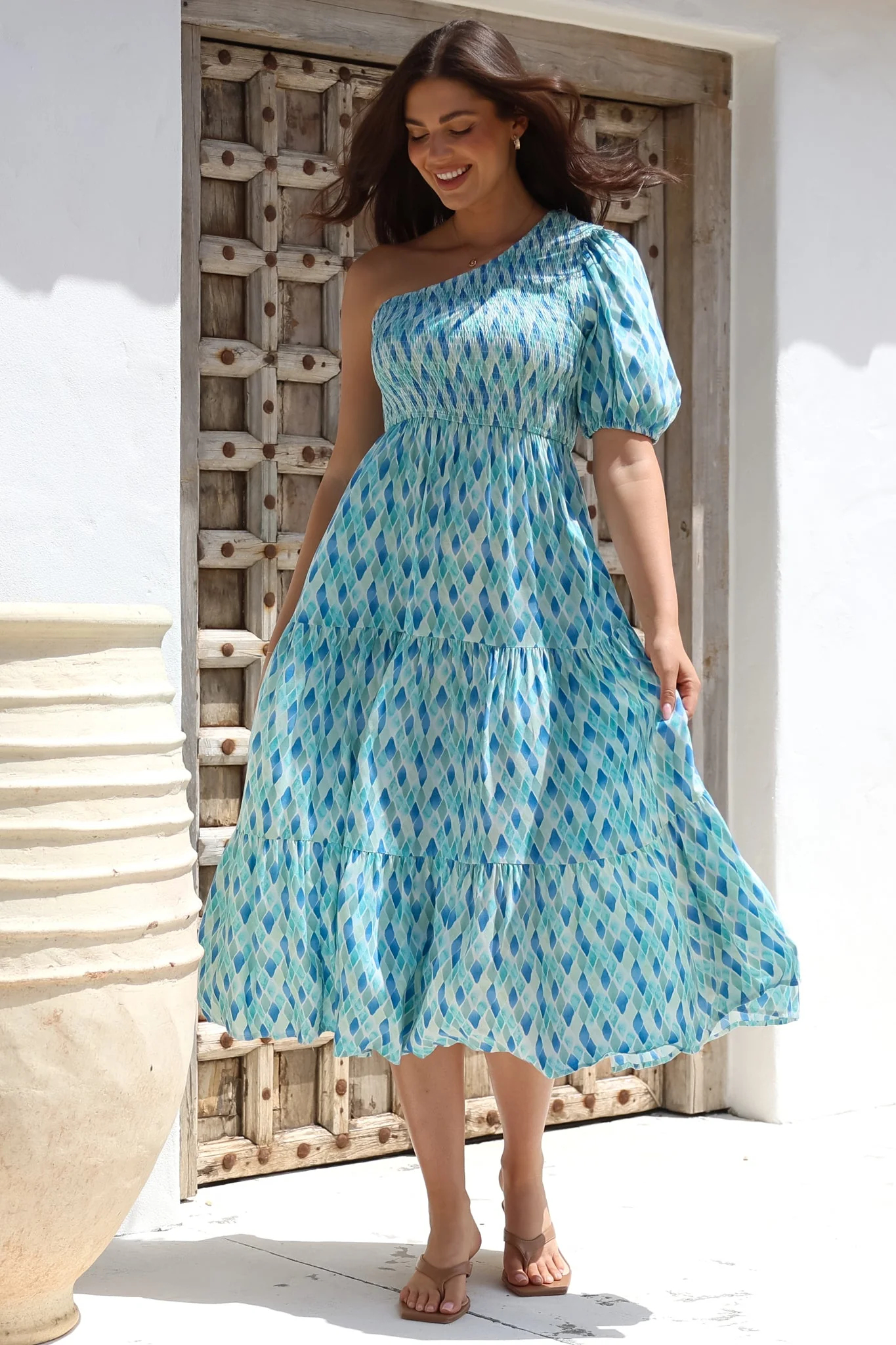 Xanthi Midi Dress - One Shoulder Elasticated Bodice Tiered Dress in Pasha Print - Image 2