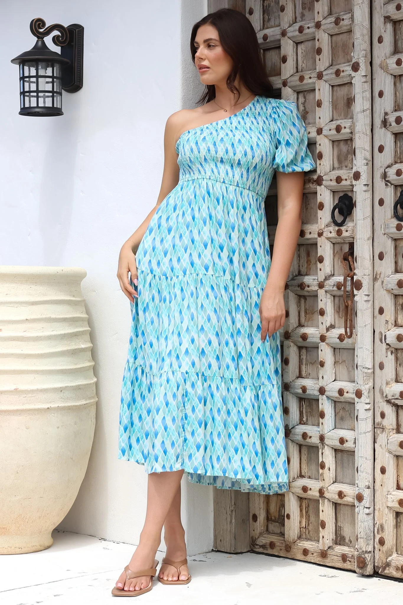 Xanthi Midi Dress - One Shoulder Elasticated Bodice Tiered Dress in Pasha Print - Image 3