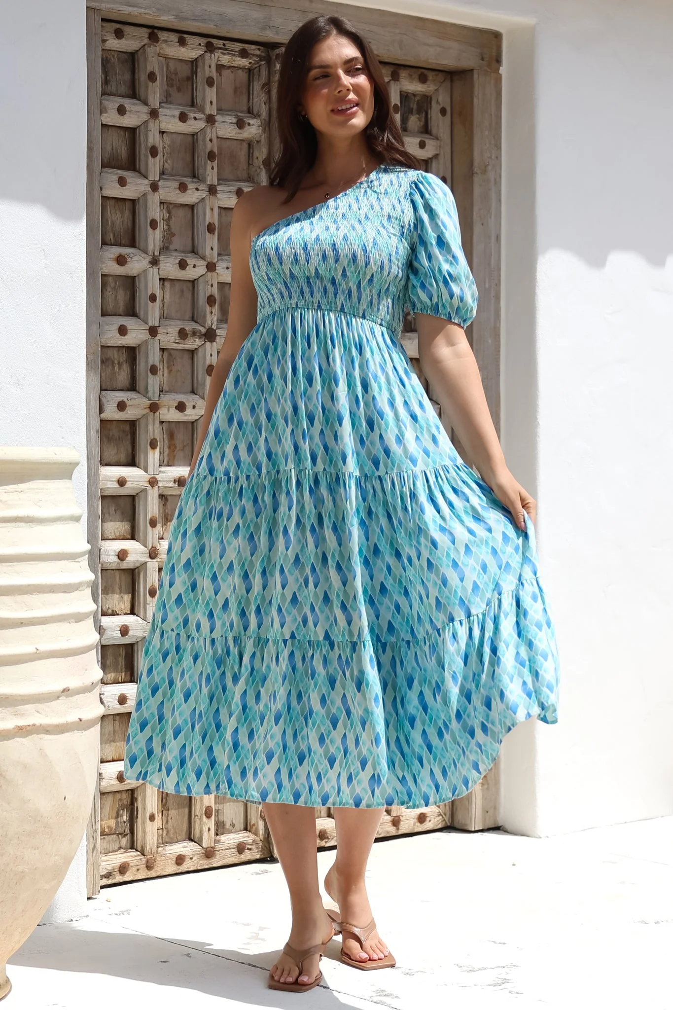 Xanthi Midi Dress - One Shoulder Elasticated Bodice Tiered Dress in Pasha Print - Image 4