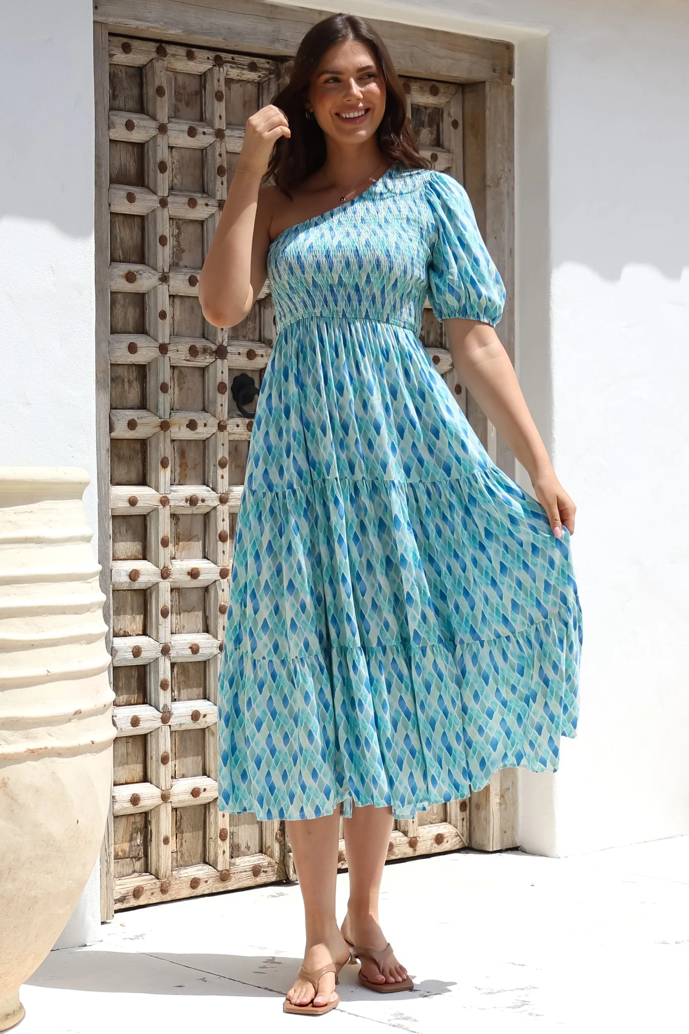 Xanthi Midi Dress - One Shoulder Elasticated Bodice Tiered Dress in Pasha Print - Image 7