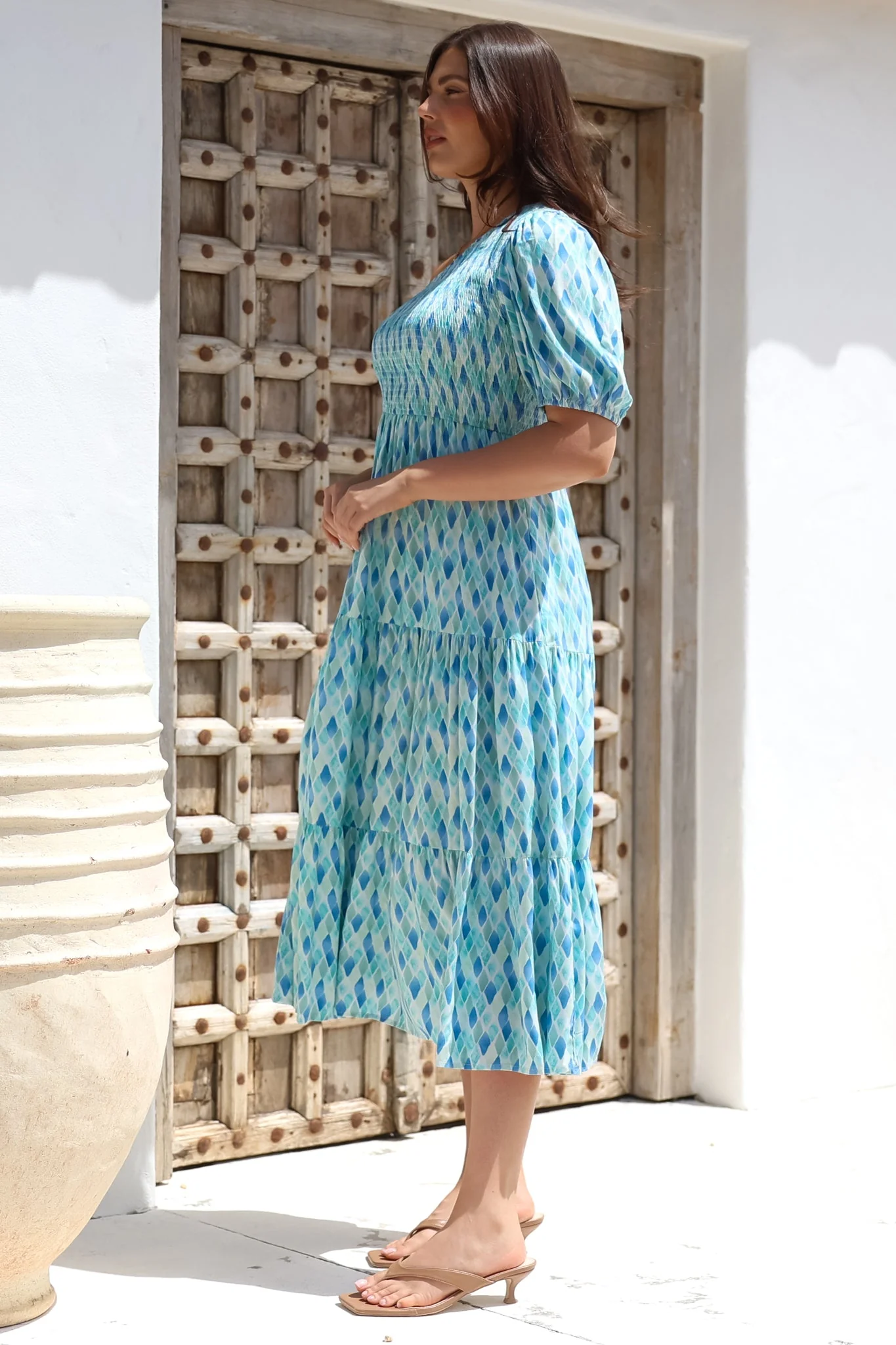 Xanthi Midi Dress - One Shoulder Elasticated Bodice Tiered Dress in Pasha Print - Image 8