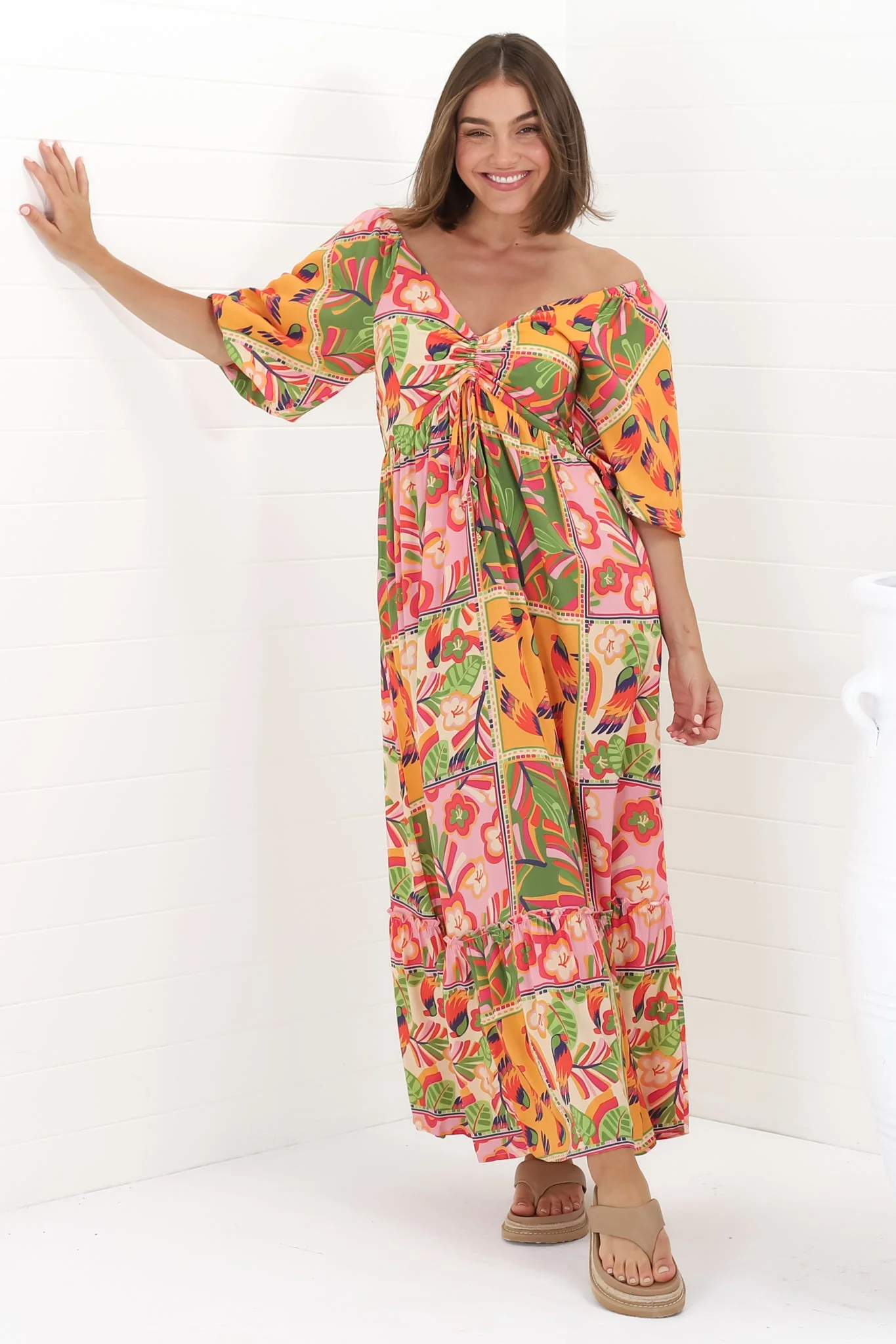 Yanna Maxi Dress - On or Off Shoulder A Line Dress with Elasticated Back in Labelle Print - Image 3