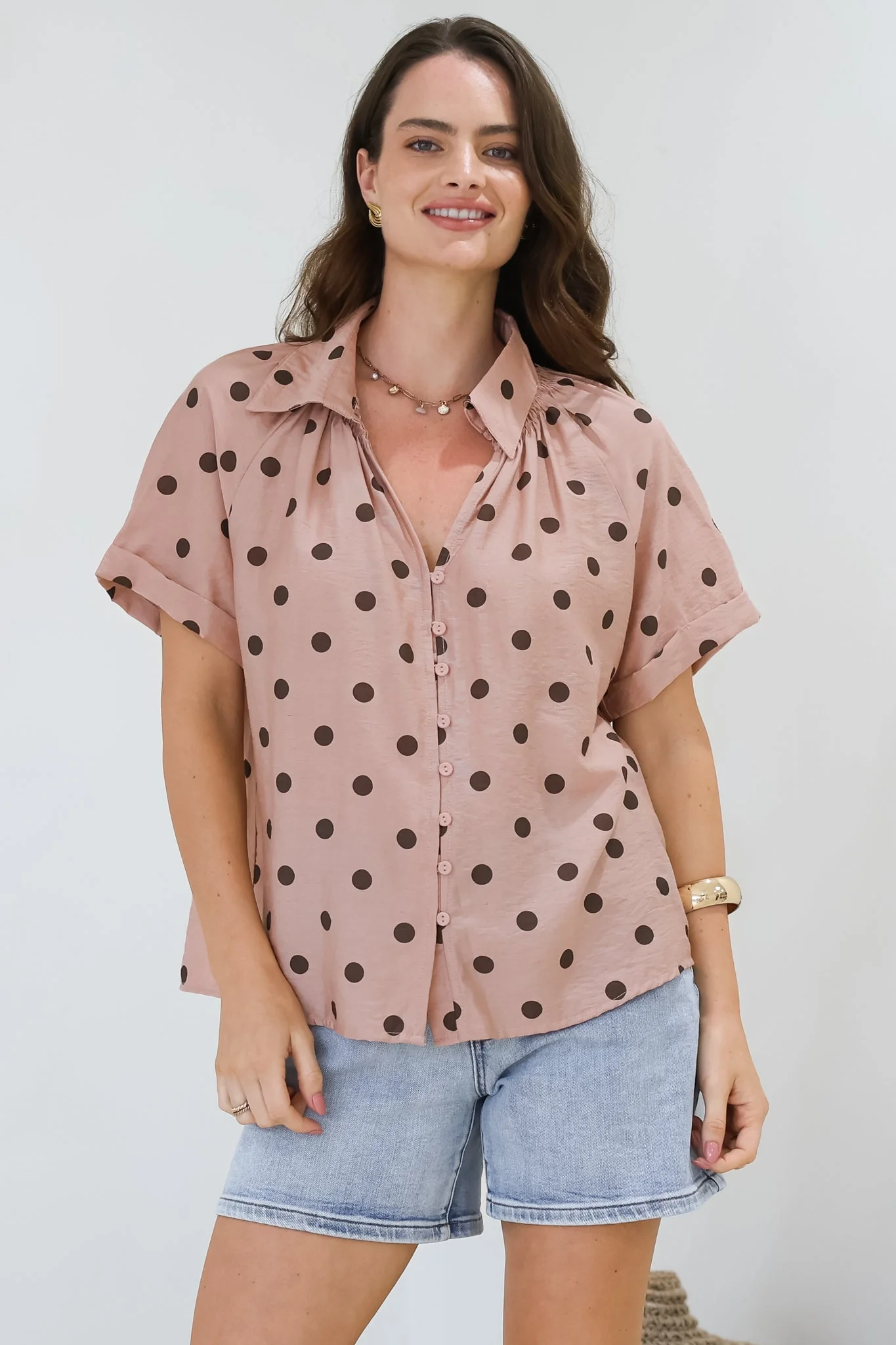 Yohanna Blouse - Collared Button Down in Pacey Spot Pink - Image 3