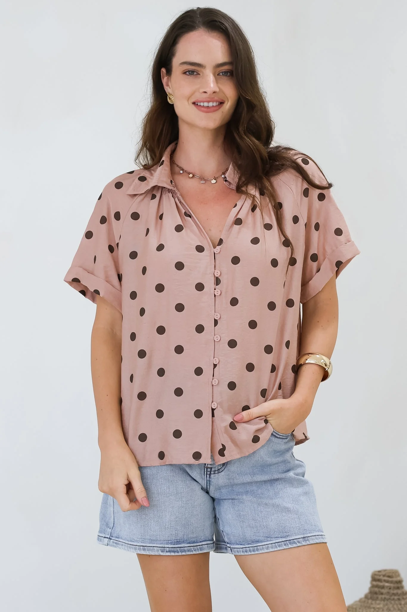 Yohanna Blouse - Collared Button Down in Pacey Spot Pink - Image 5