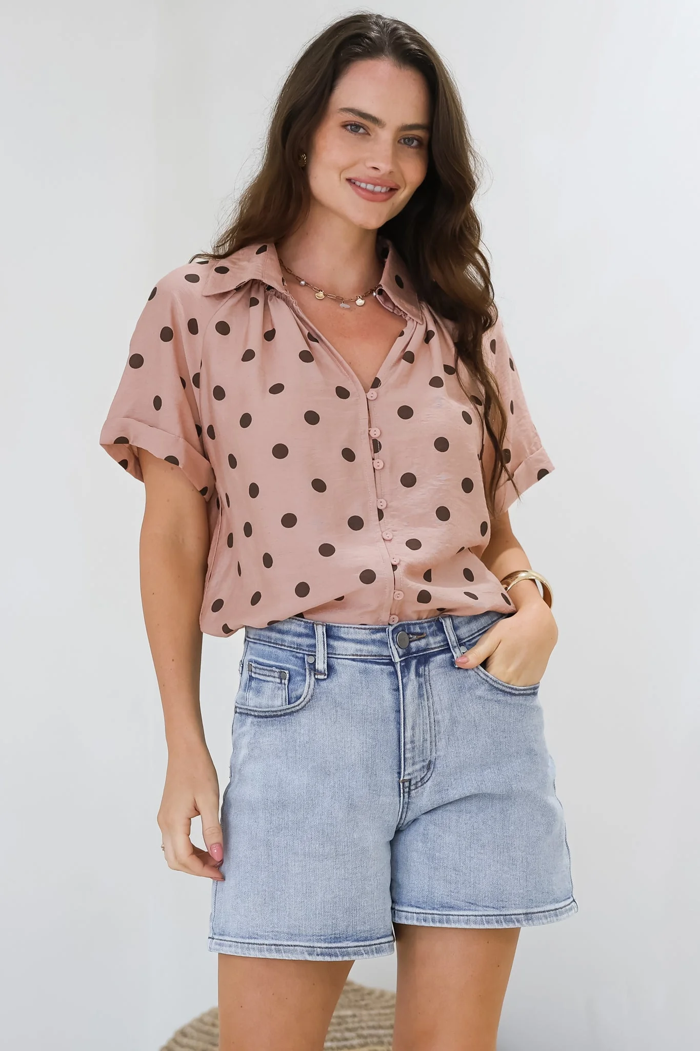 Yohanna Blouse - Collared Button Down in Pacey Spot Pink - Image 6