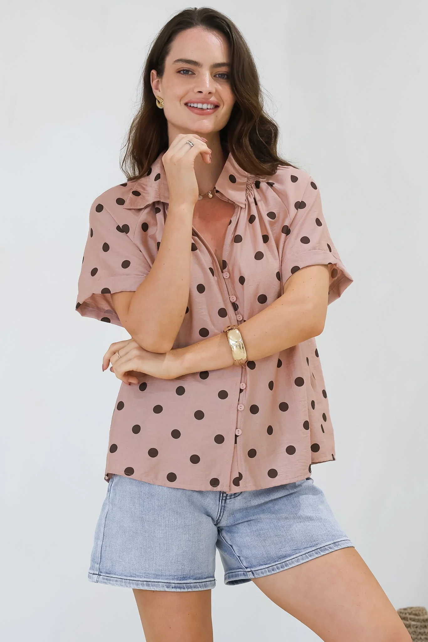 Yohanna Blouse - Collared Button Down in Pacey Spot Pink - Image 7